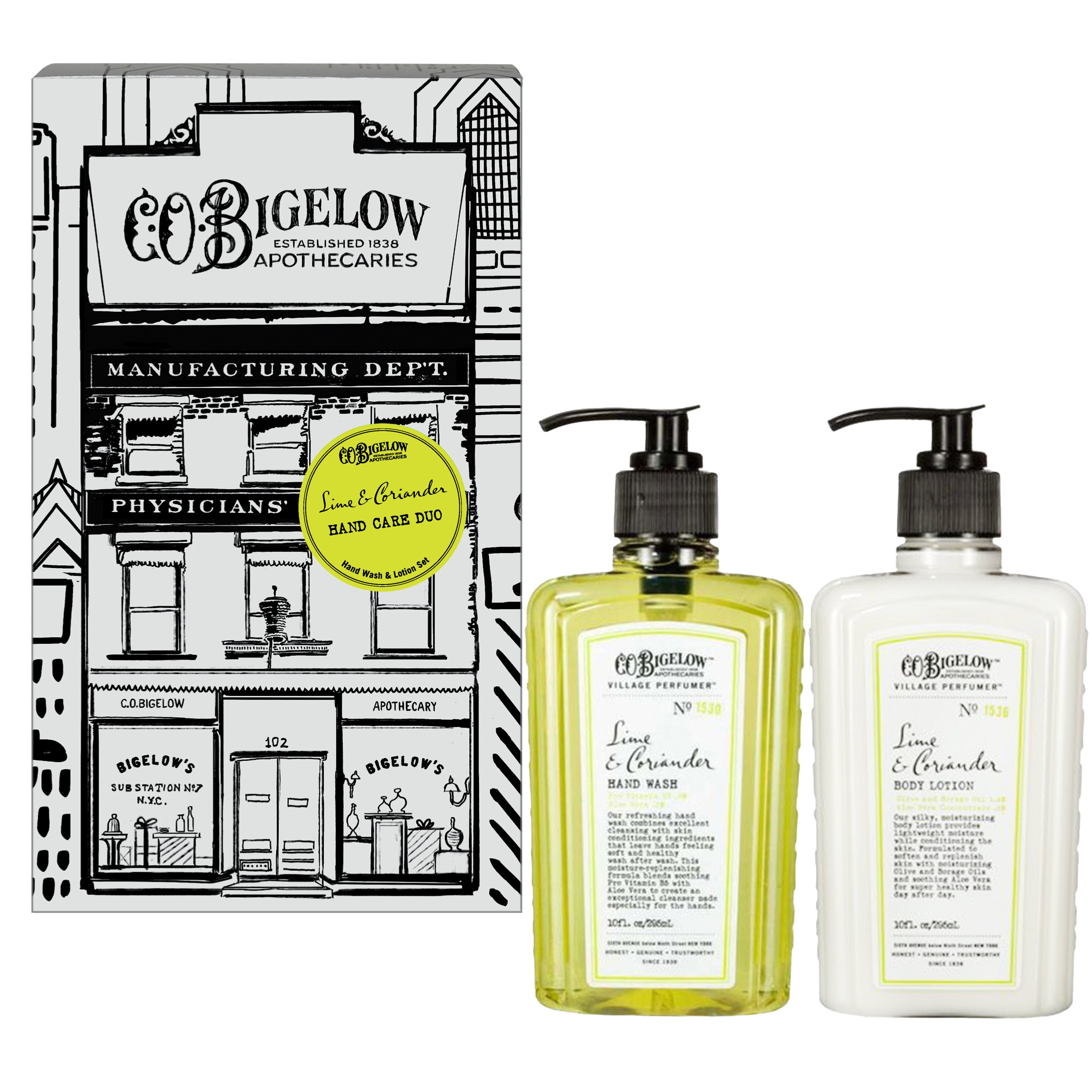 Hand Wash and Body Lotion  bottles of CO Bigelow Lime & coriander body wash with a branded box on a white background.