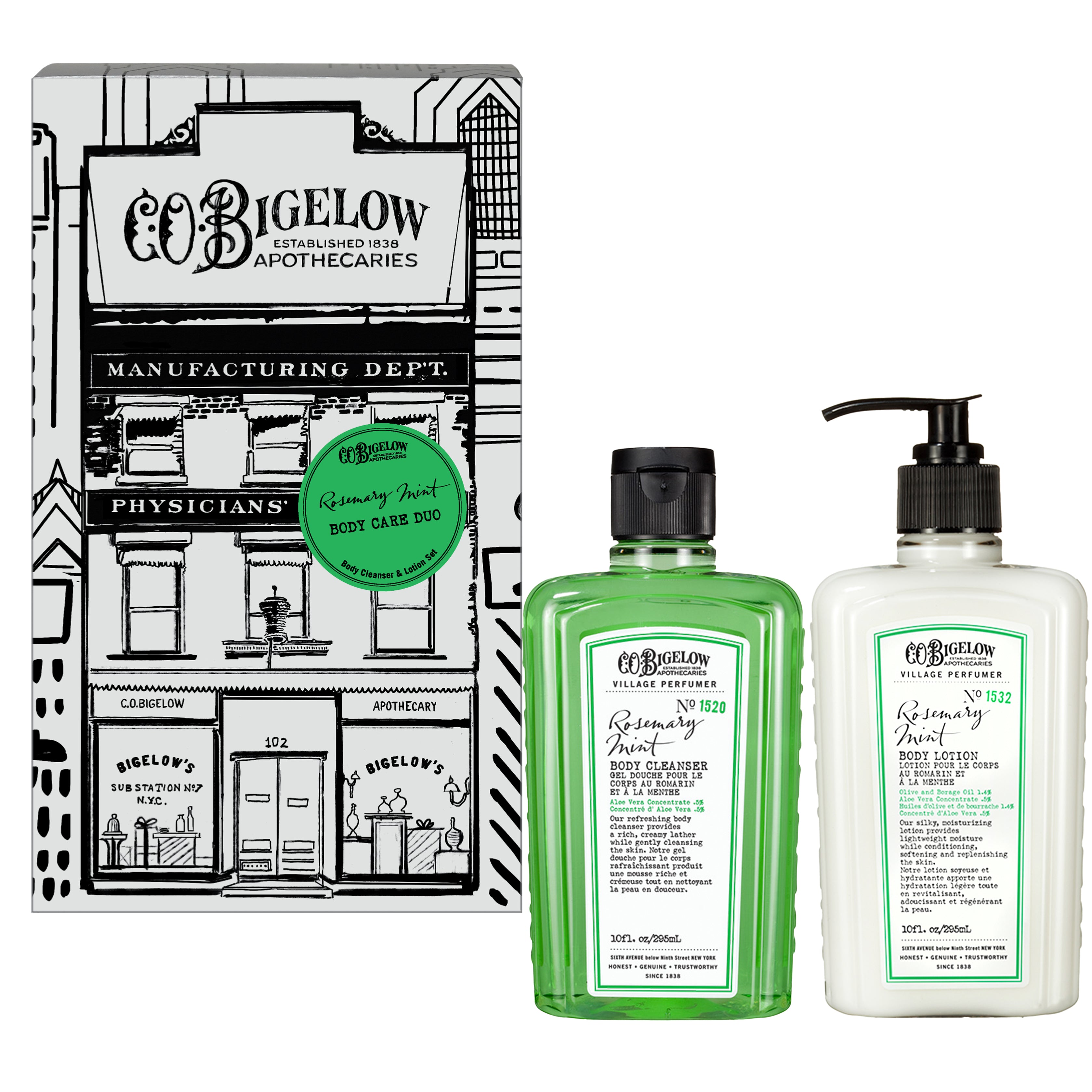 C.O. Bigelow Rosemary Mint body care products including two bottle  on a white background.