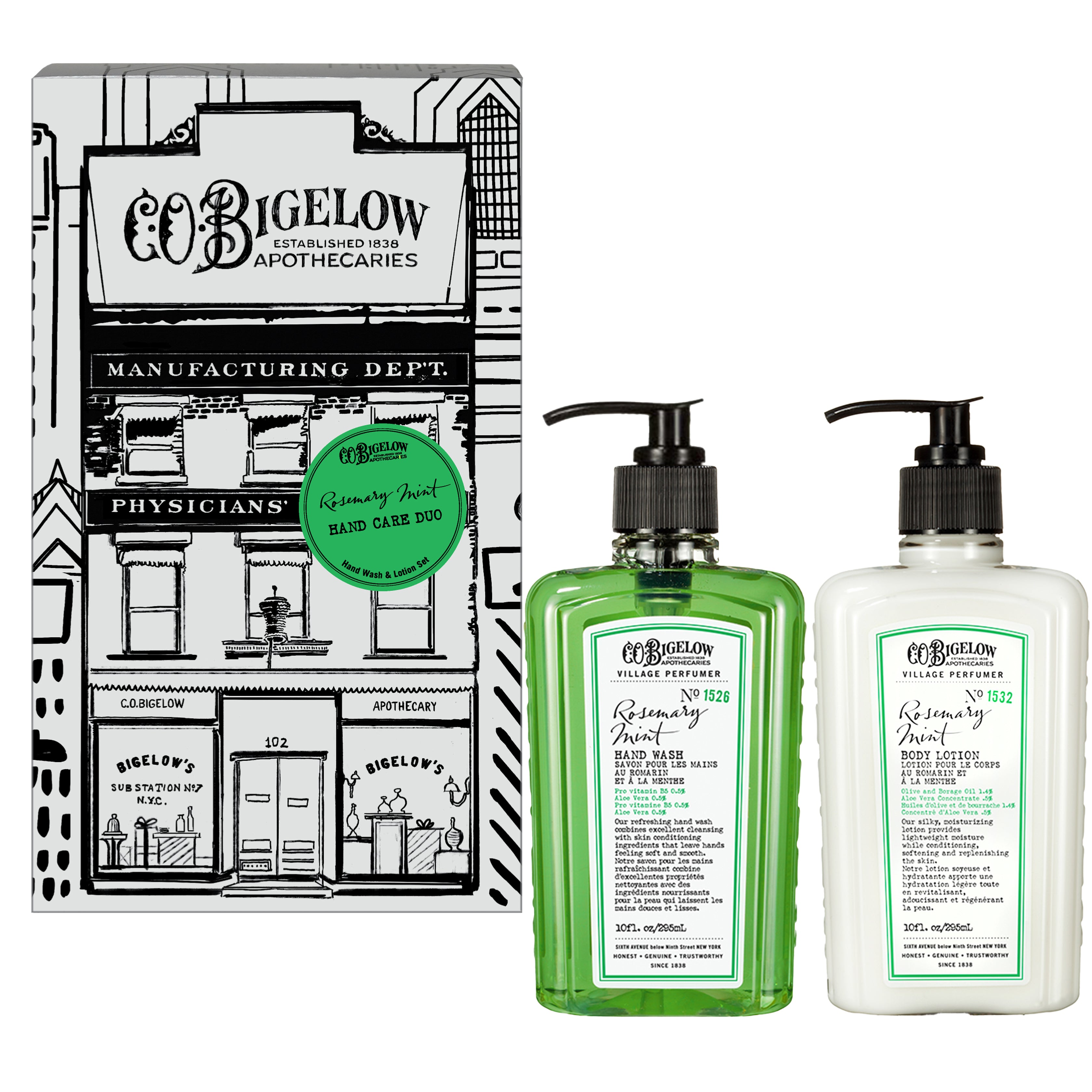 Two bottles of Rosemary Mint hand wash and lotion on a decorative box with black and white design.