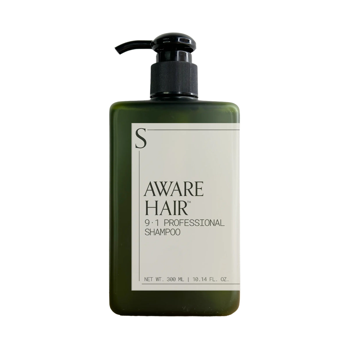 Green shampoo bottle with pump labeled 'Aware Hair' on a white background