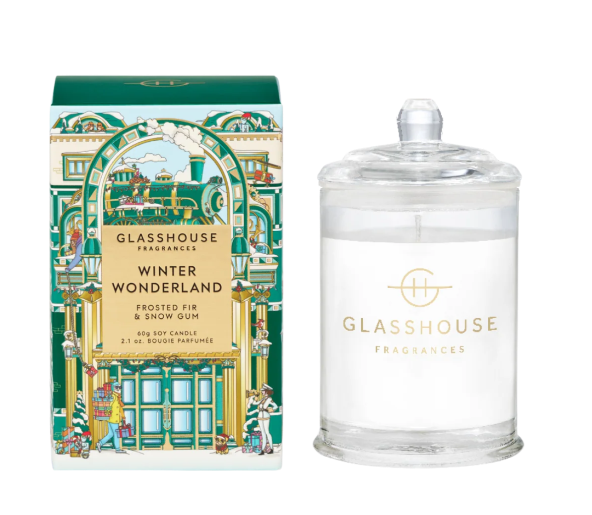 Glasshouse Fragrances candle with decorative packaging on a white background