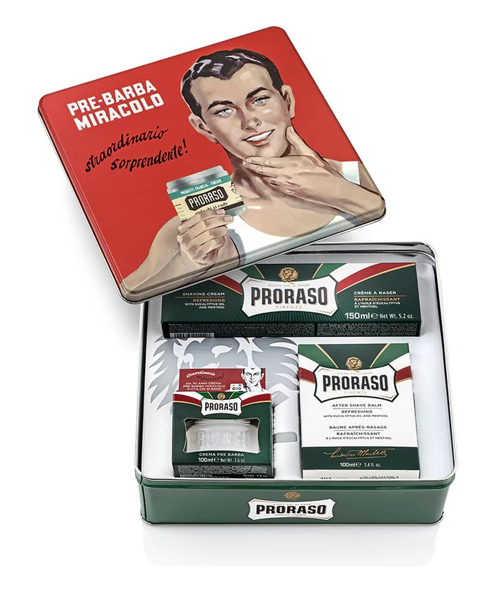 Proraso grooming kit with vintage-style packaging on a white background
