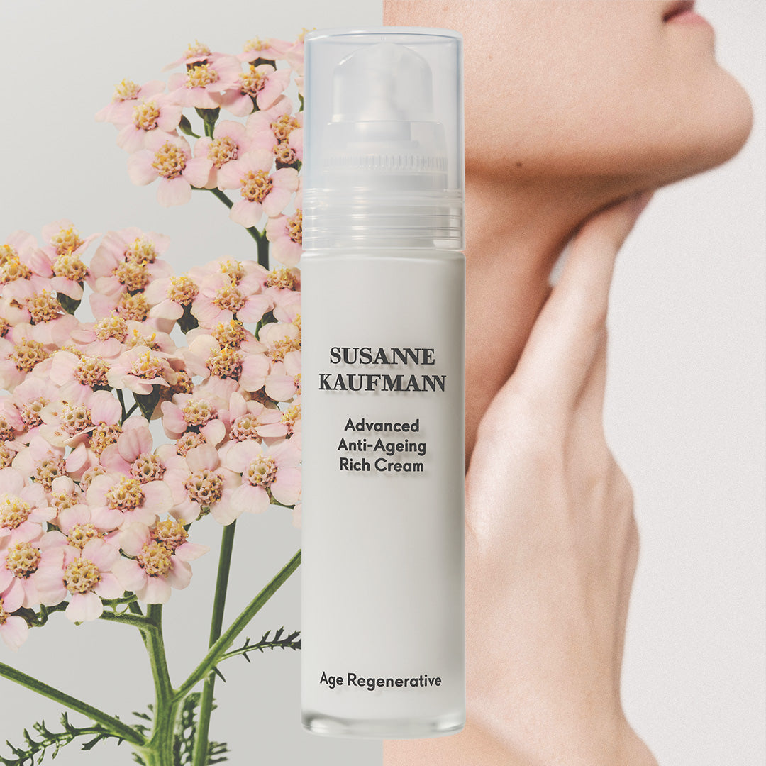 Susanne Kaufmann skincare cream bottle with a floral background