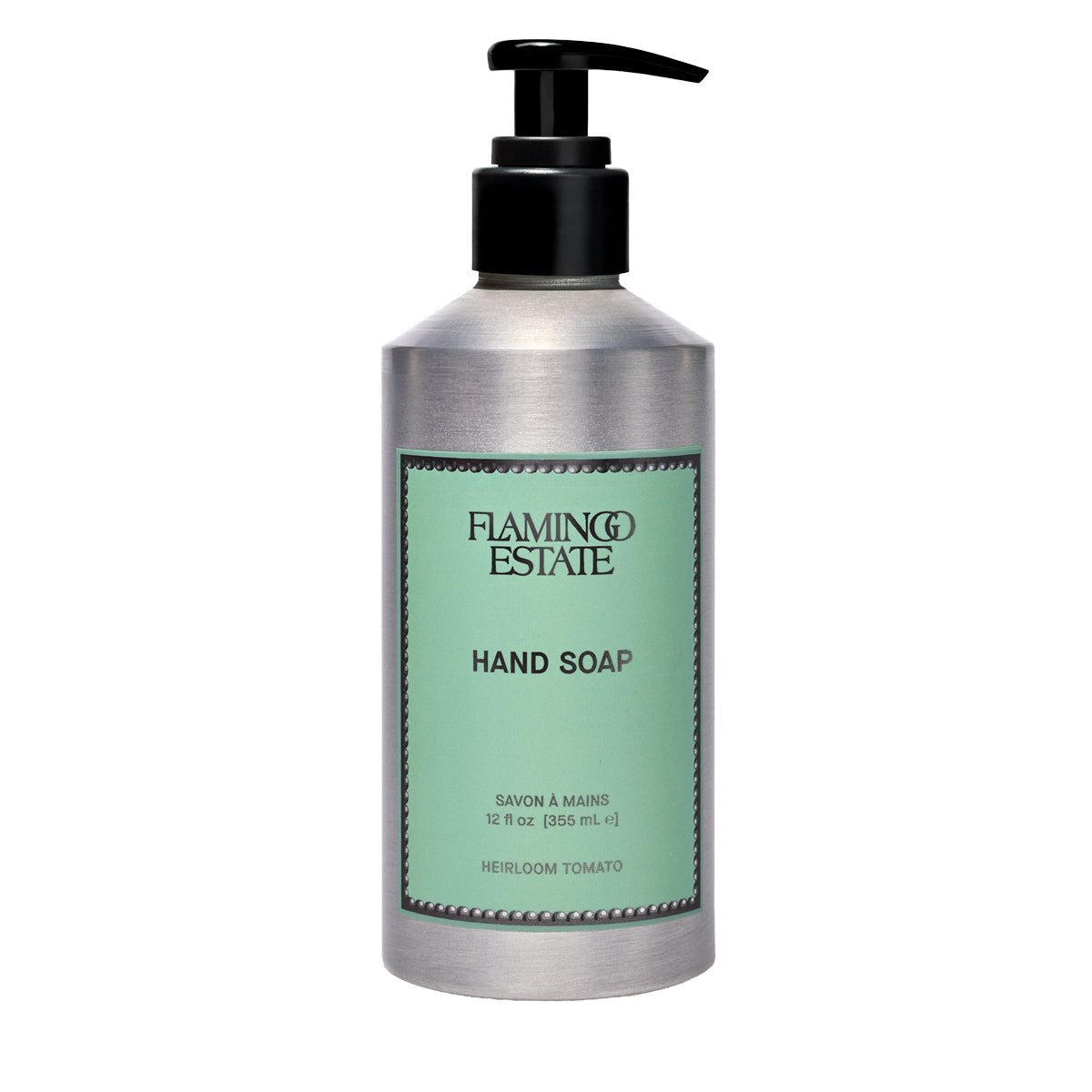 A 12 fl oz silver metal bottle of Flamingo Estate Hand Soap with a black pump dispenser and a light green label, set against a plain white background.