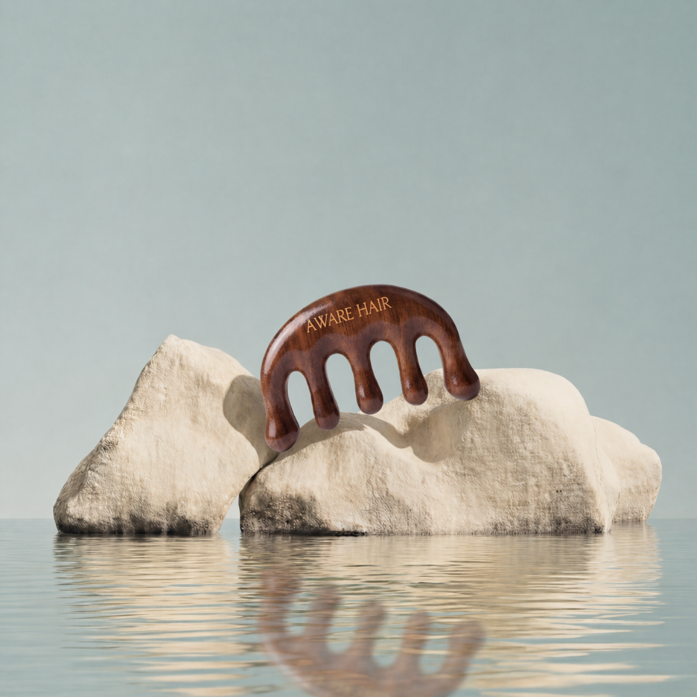 Wooden comb with 'AWARE HAIR' branding on a rock in water