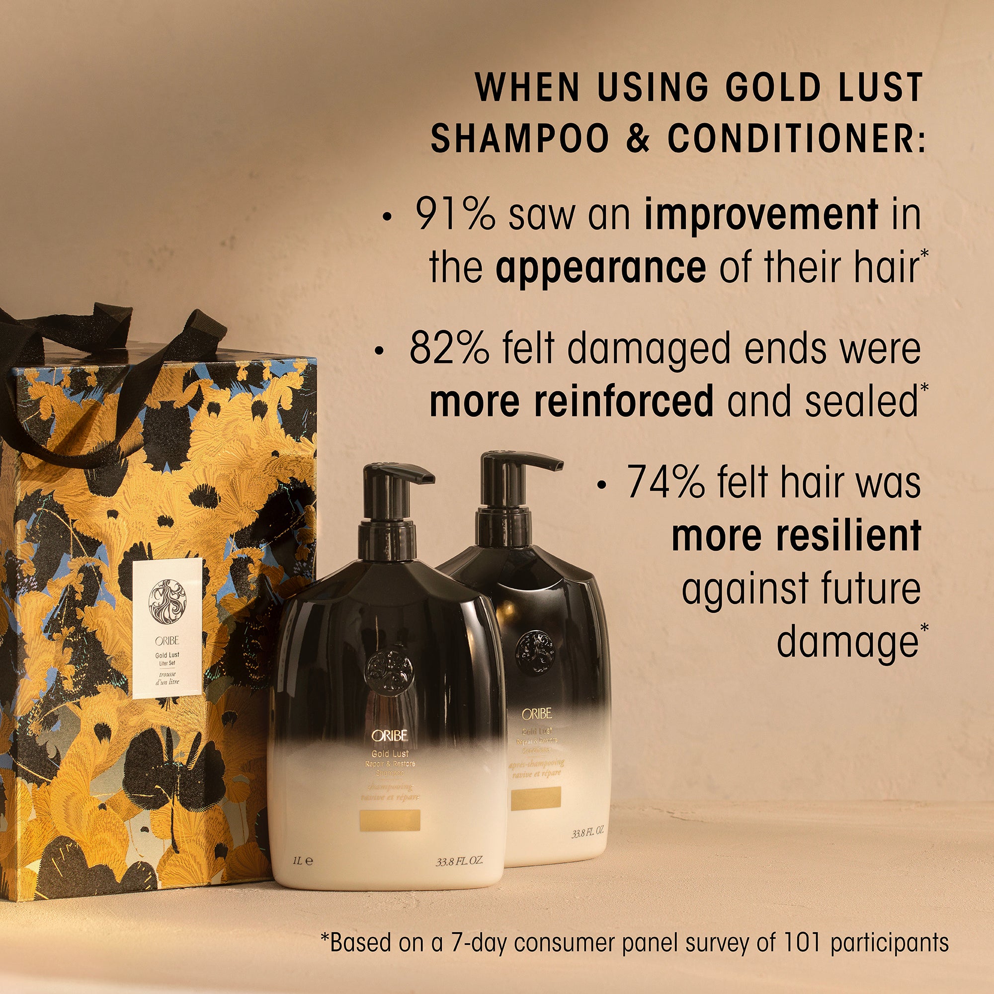 Oribe Gold Lust shampoo and conditioner with a decorative box on a beige background