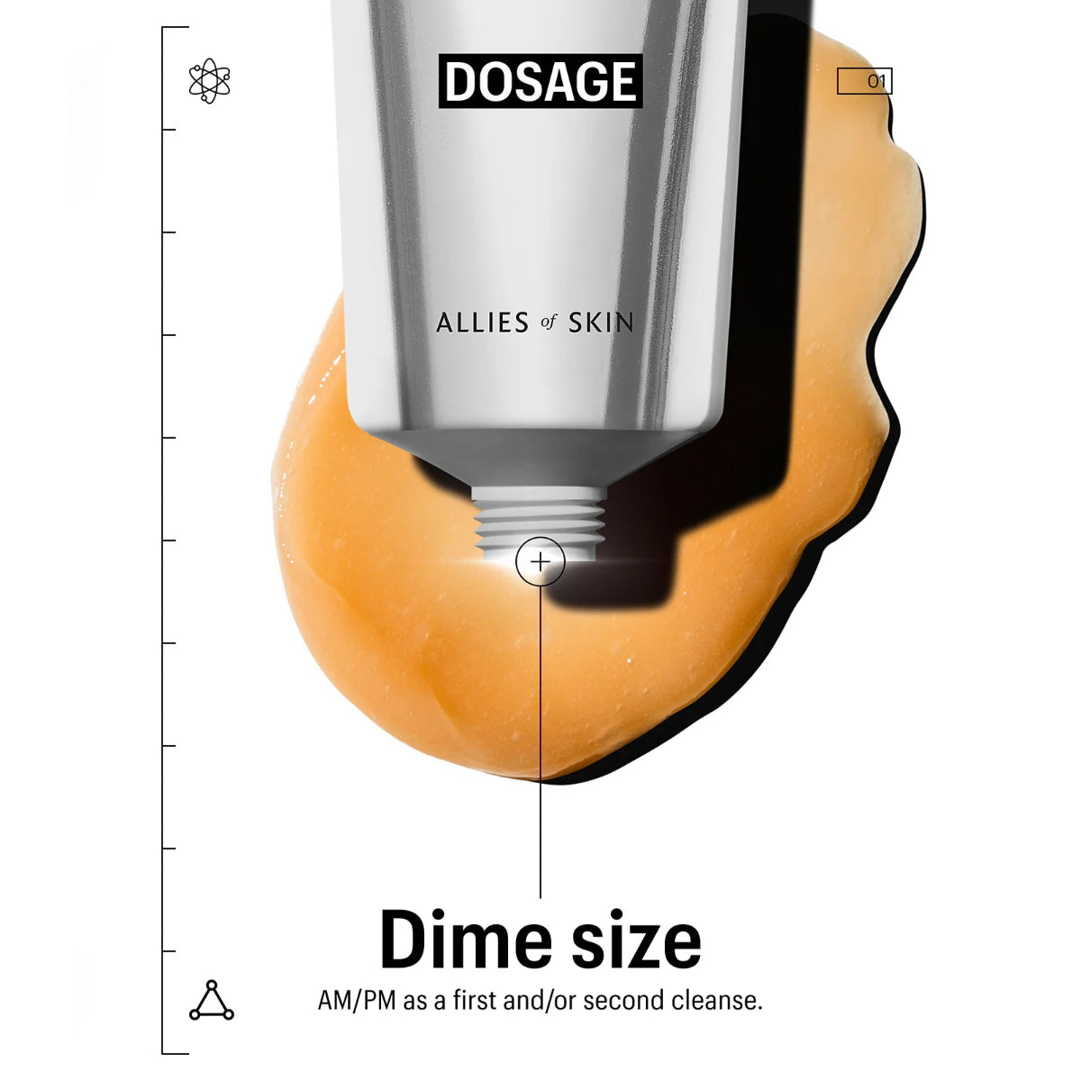 Skincare product labeled 'DOSAGE' by 'Allies of Skin' being applied to skin with a dime size measurement.