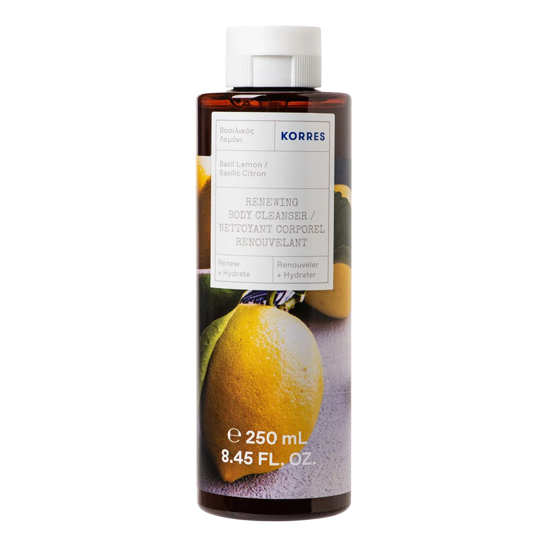 Korres bottle with lemon design on a white background