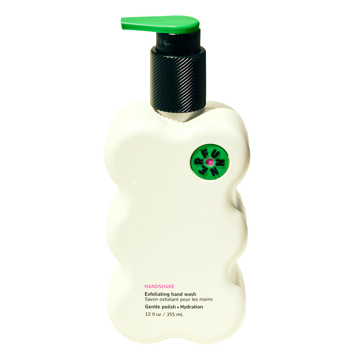 Handshake exfoliating hand wash bottle with green cap on a white background