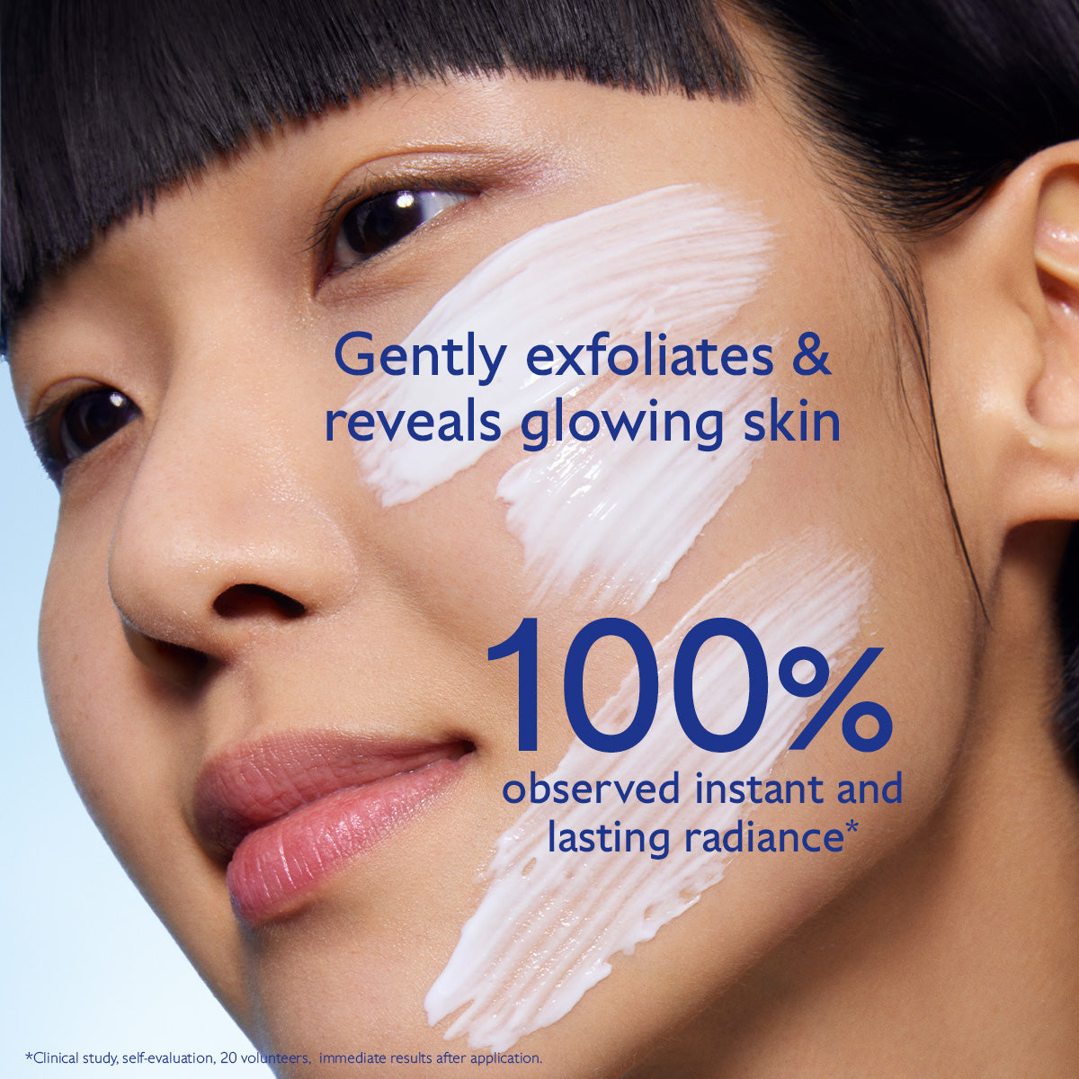 Woman's face with skincare product applied, text about exfoliation and radiance.