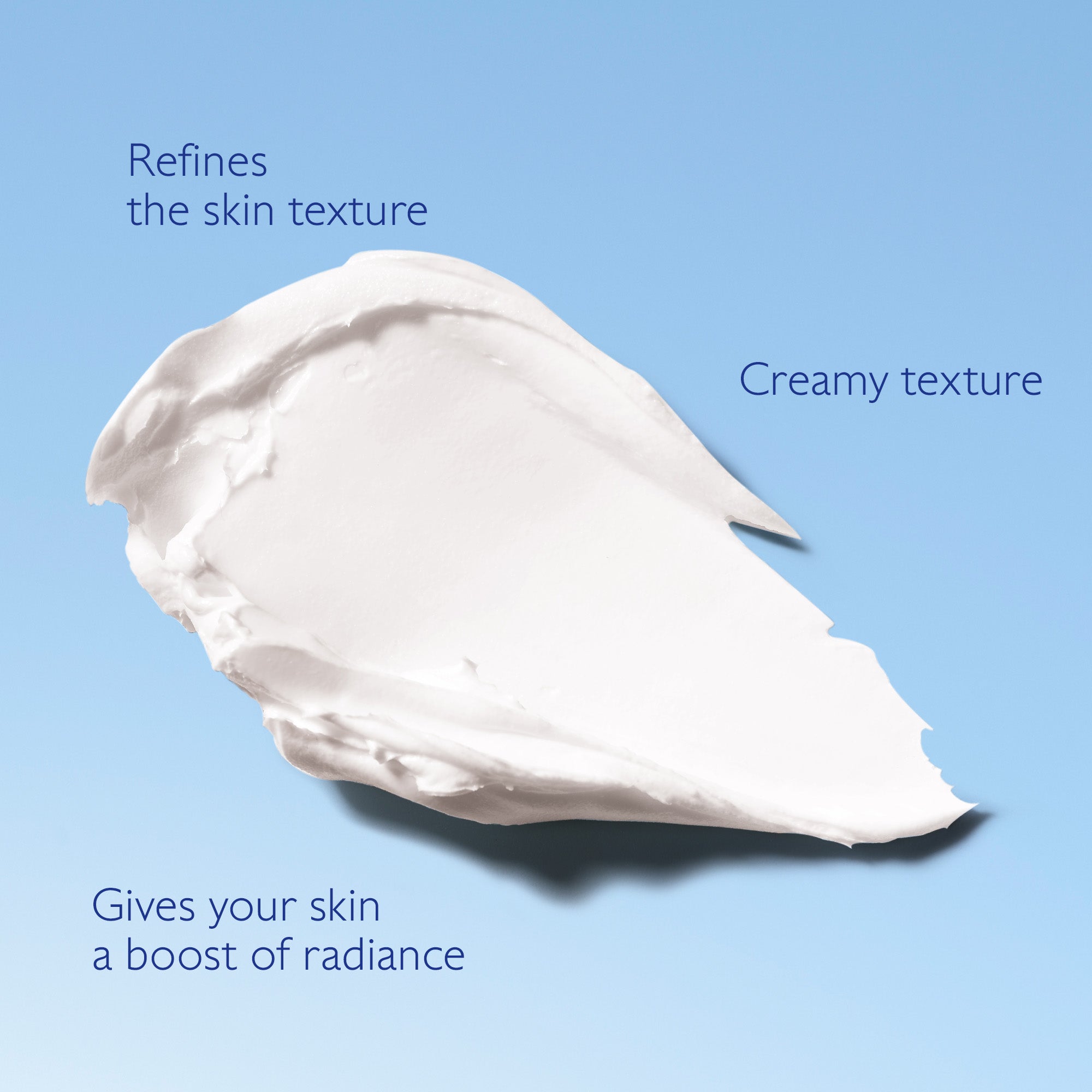 Creamy texture sample with text on a blue background