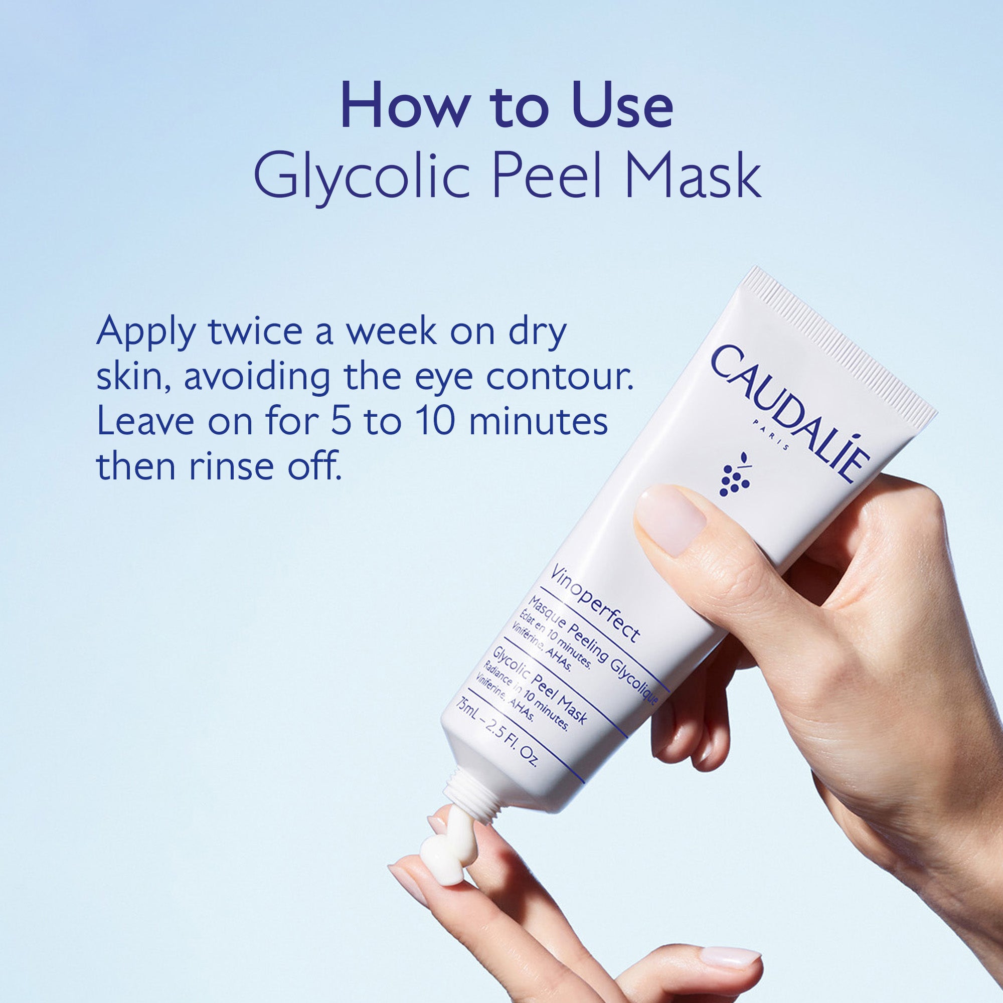 Caudalie Glycolic Peel Mask being applied with text on how to use it