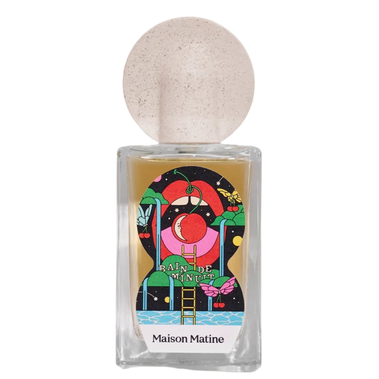 Perfume bottle with colorful label and 'Maison Matine' branding on a white background