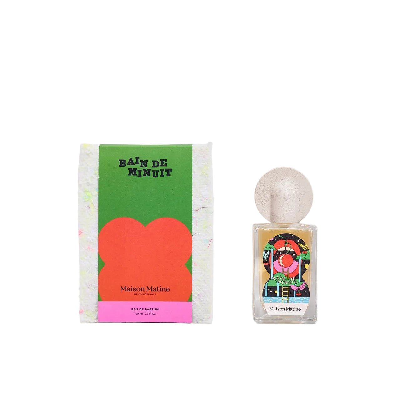 Perfume bottle with colorful label and packaging on a white background