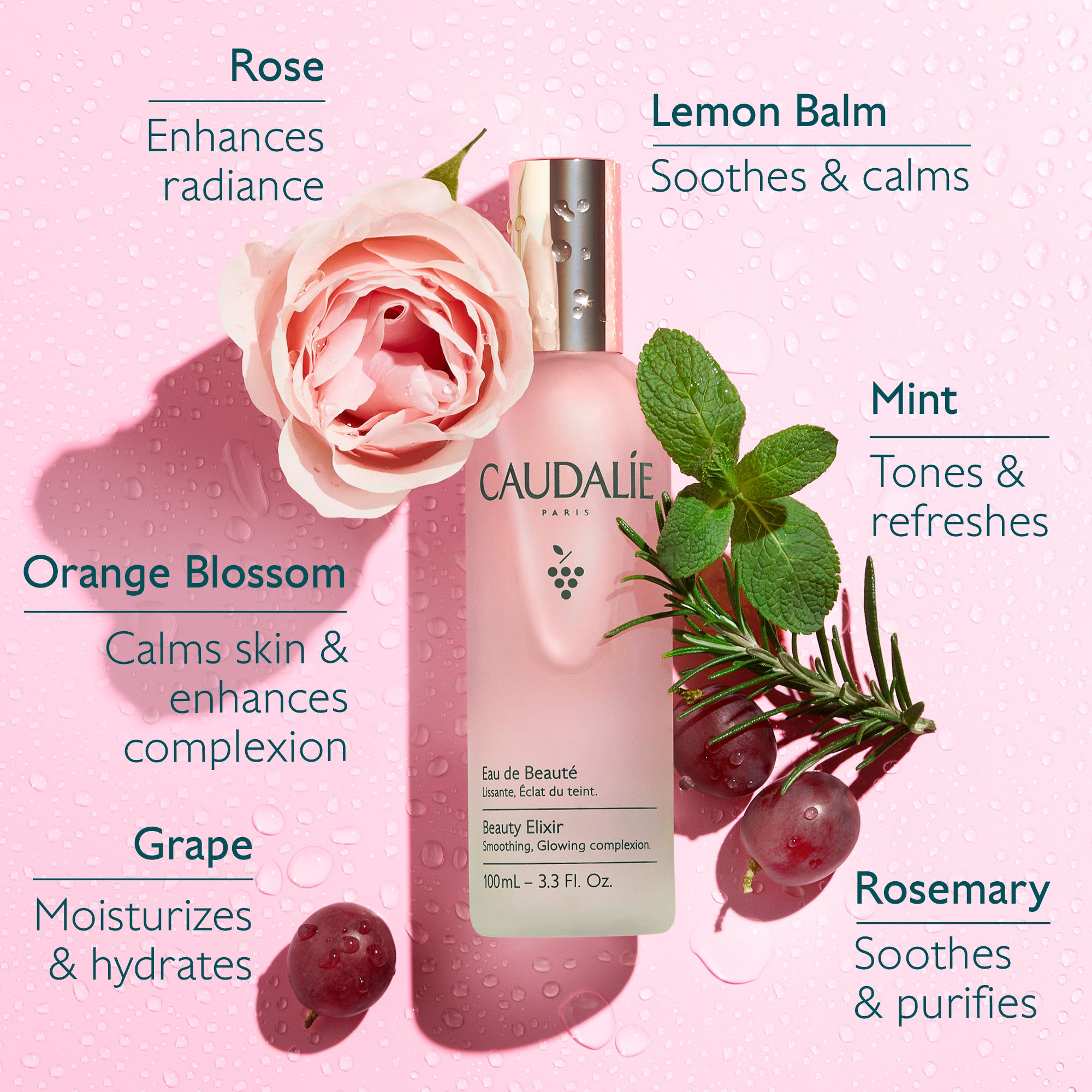 Caudéline beauty elixir bottle with floral and botanical elements on a pink background