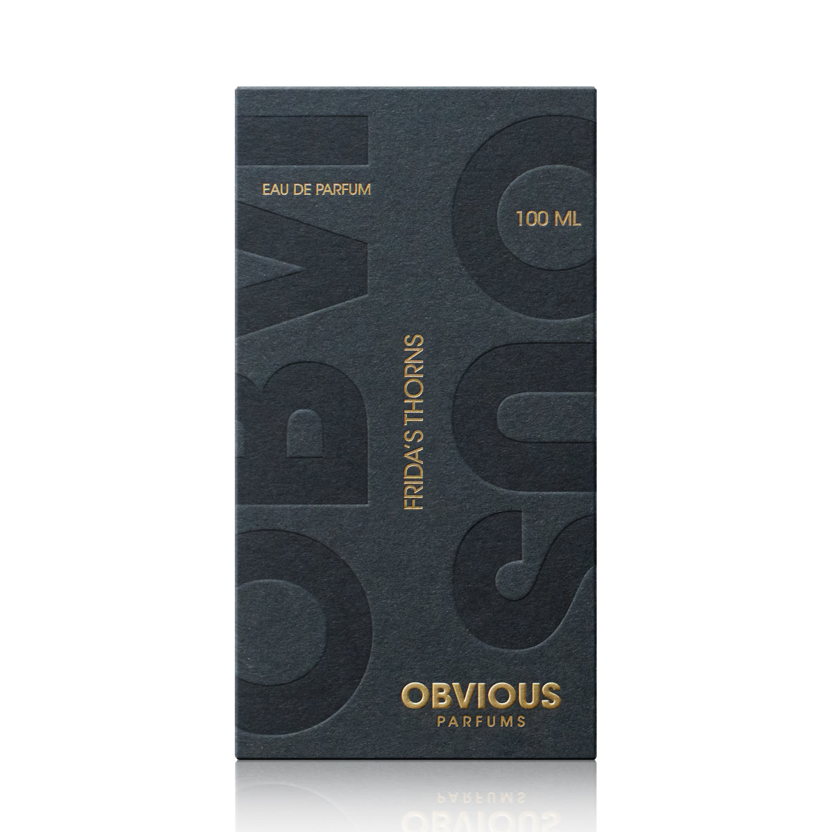 Black perfume box with gold text for 'Obvious' by Frida's Thorns Parfums on a white background