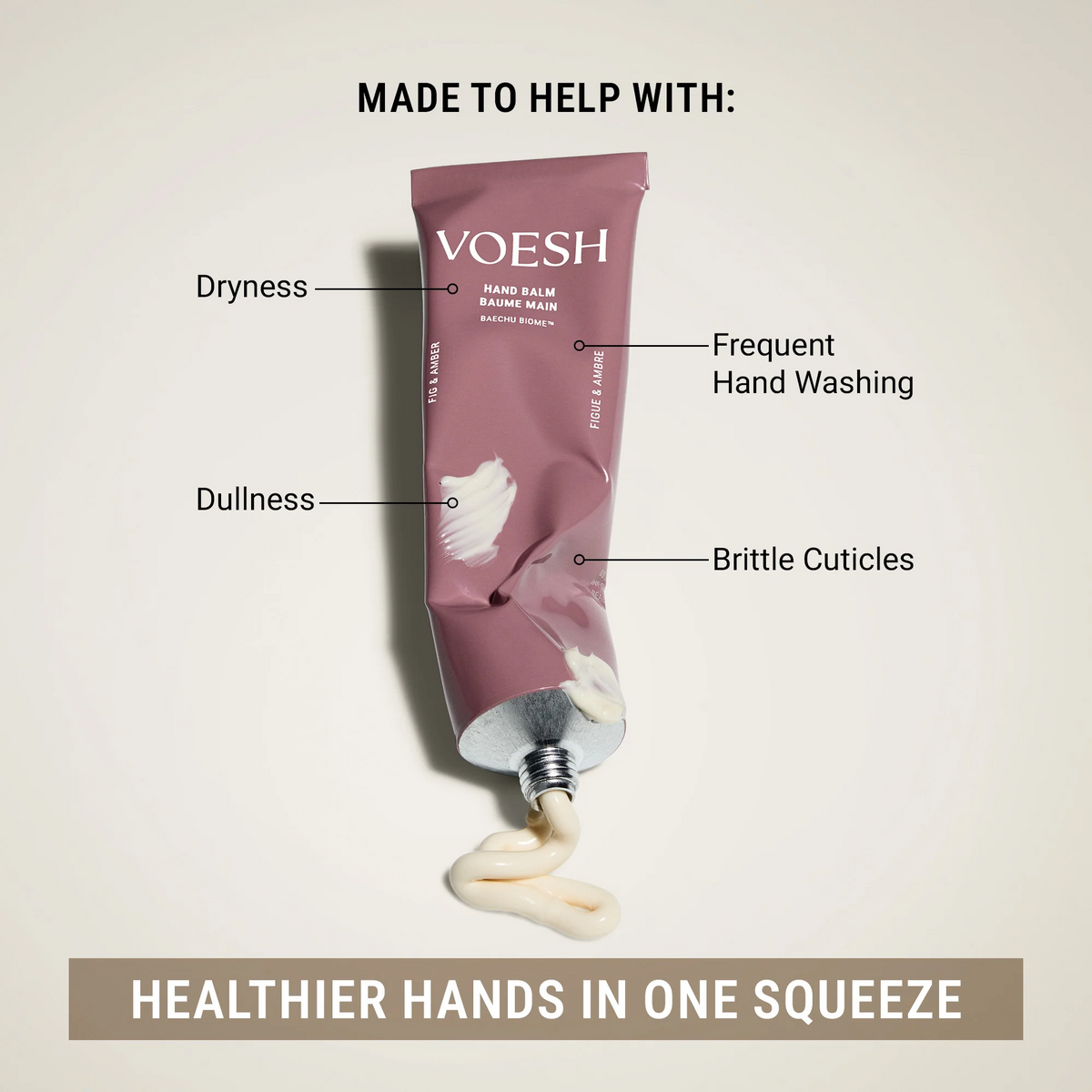 VOESH hand balm tube with text indicating its benefits on a light gray background
