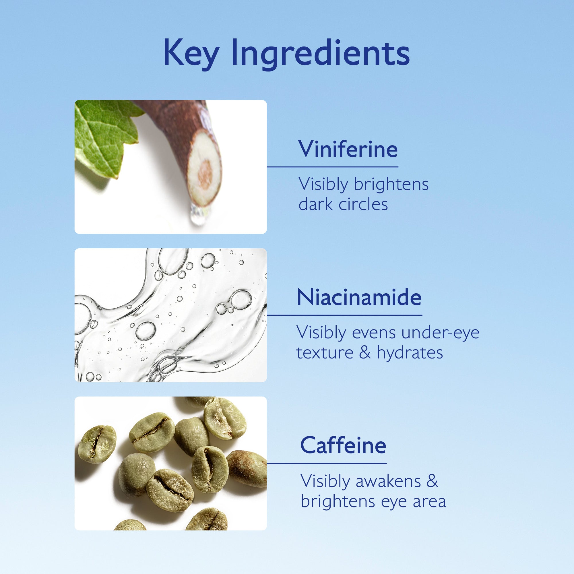 Key ingredients of a skincare product with images and descriptions on a blue background