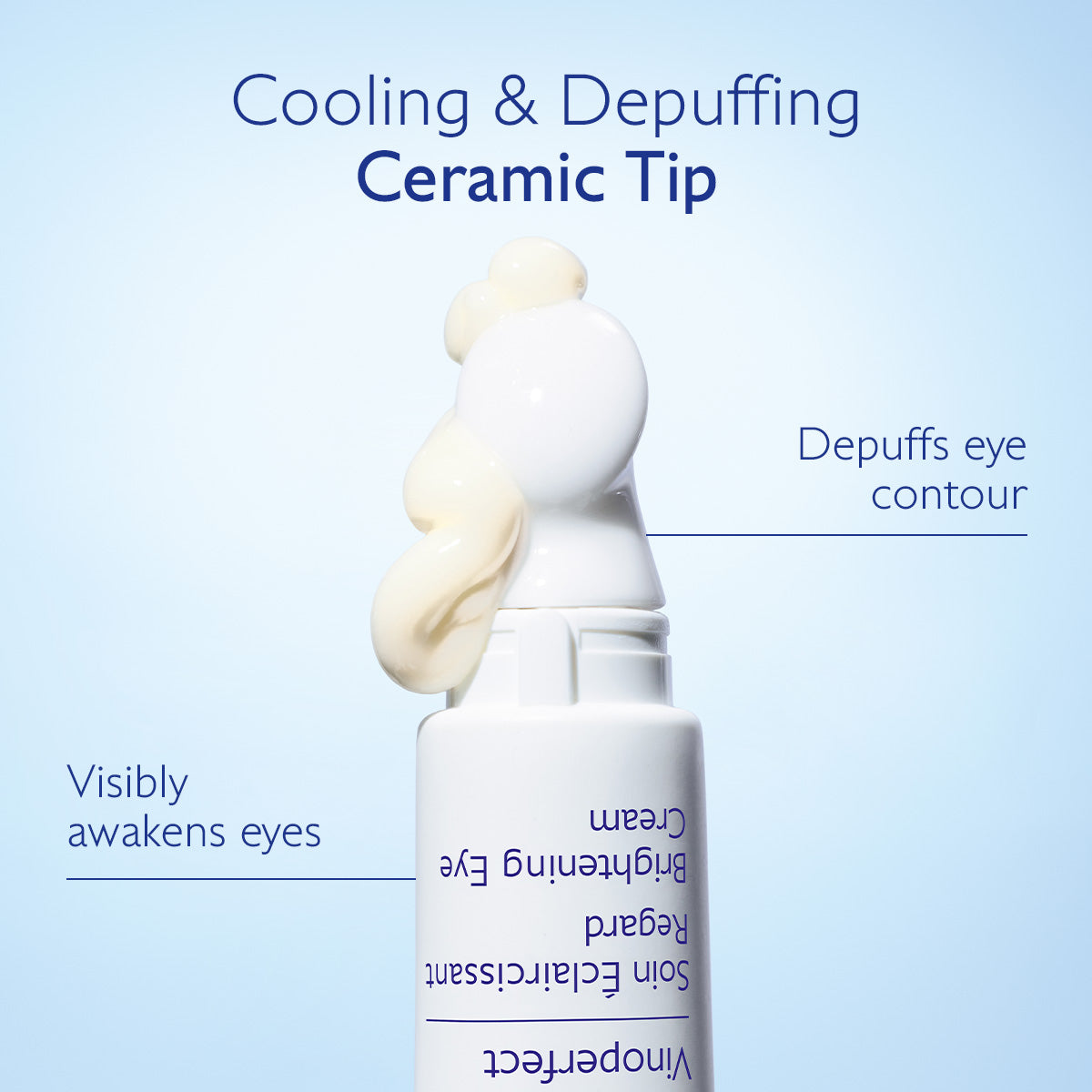 White eye cream bottle with text on a light blue background