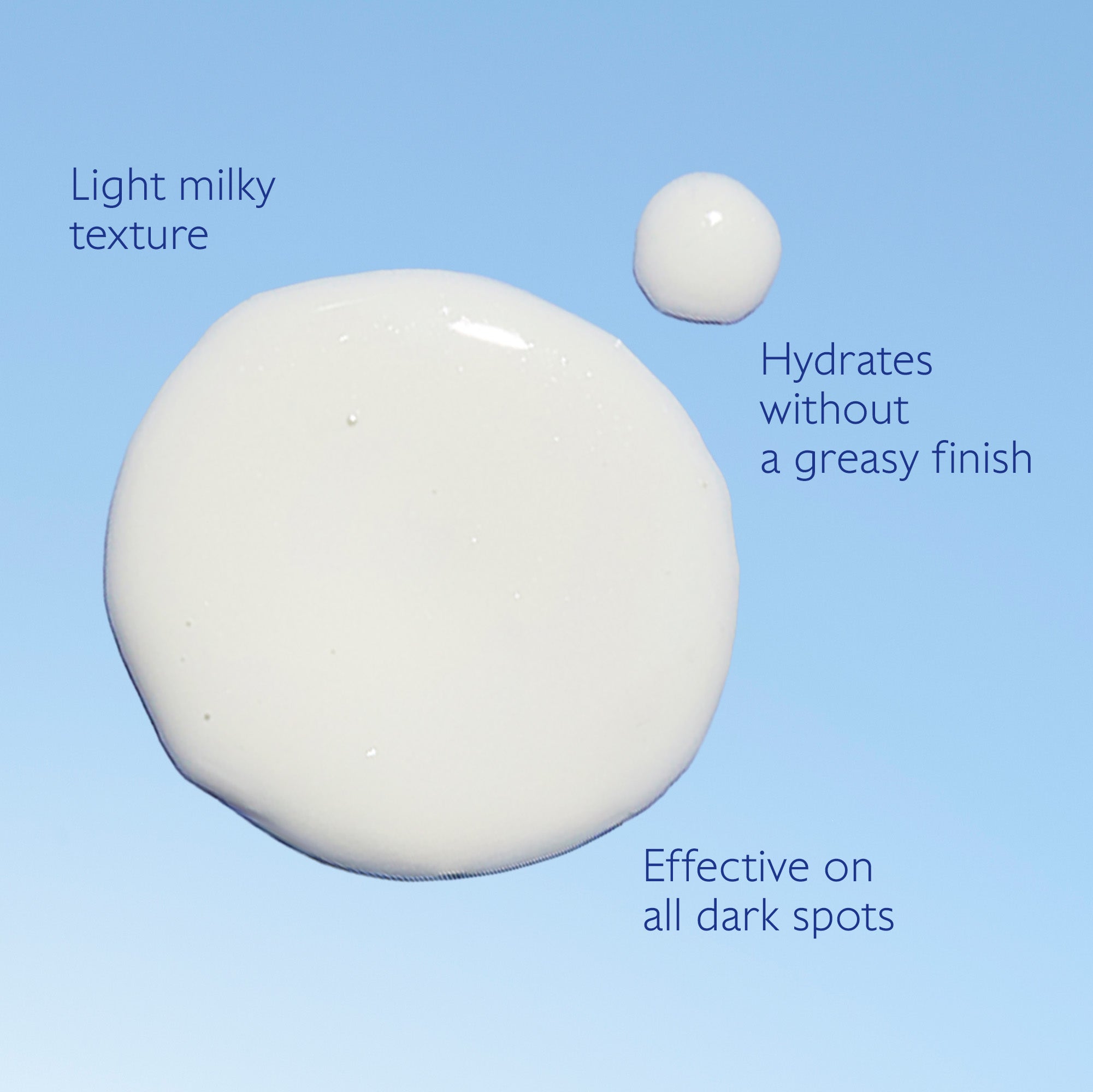 Two white droplets on a blue background with text describing product features.