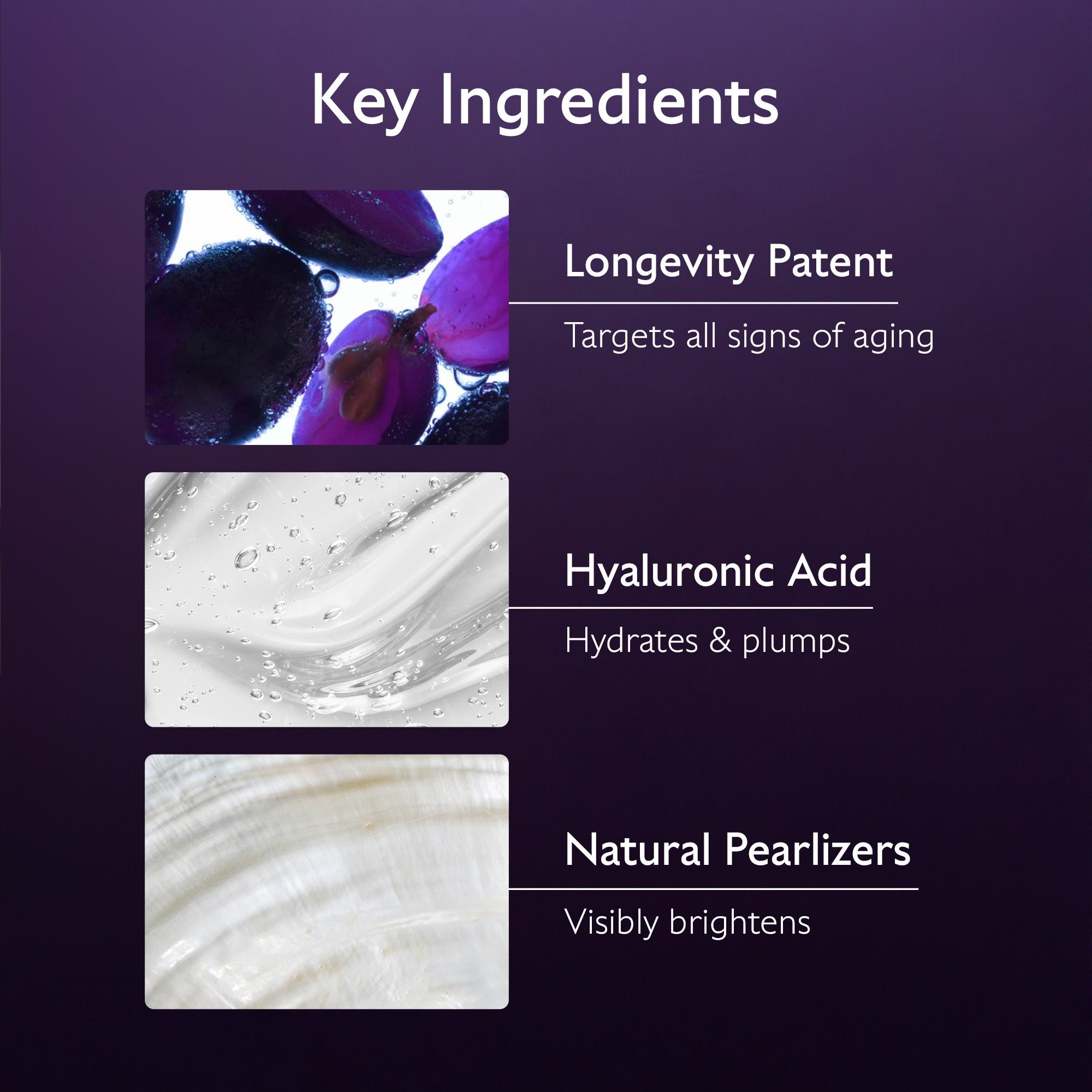 List of key ingredients with corresponding images and descriptions on a purple background