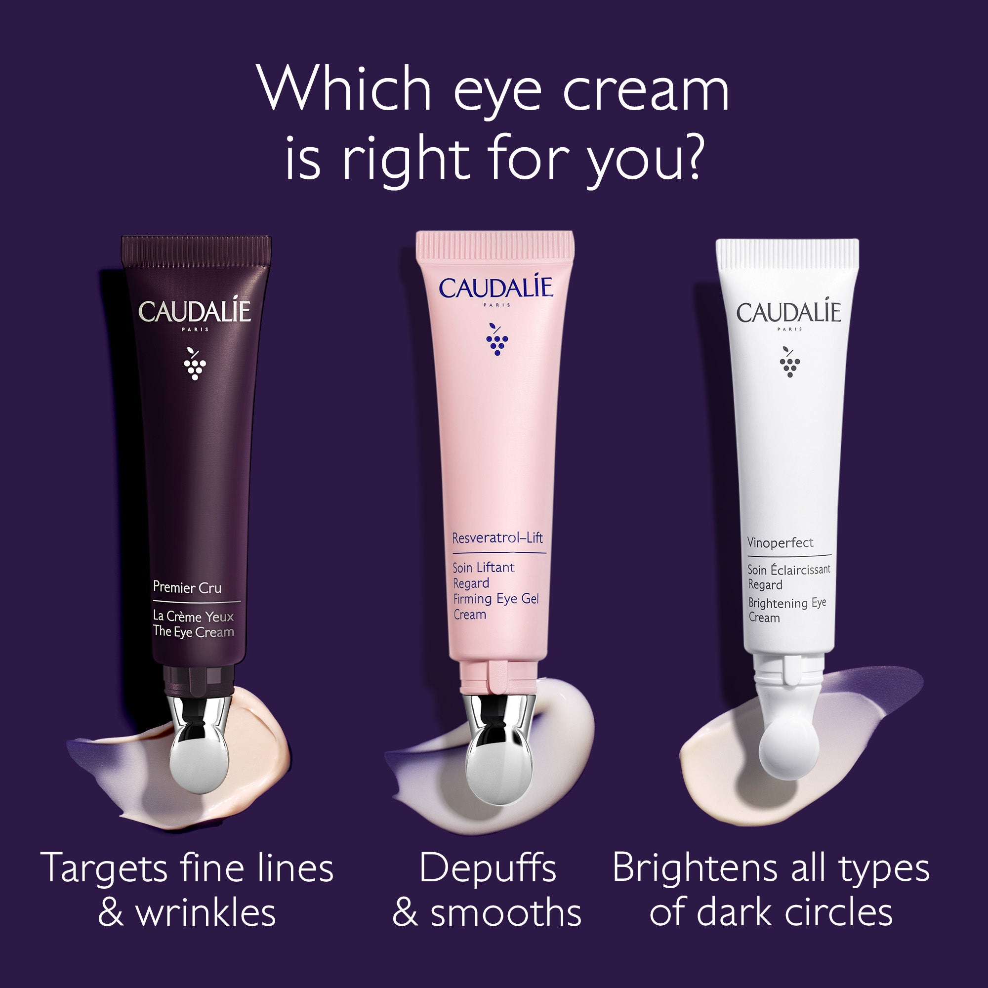 Three Caudélé eye cream products with descriptions on a purple background