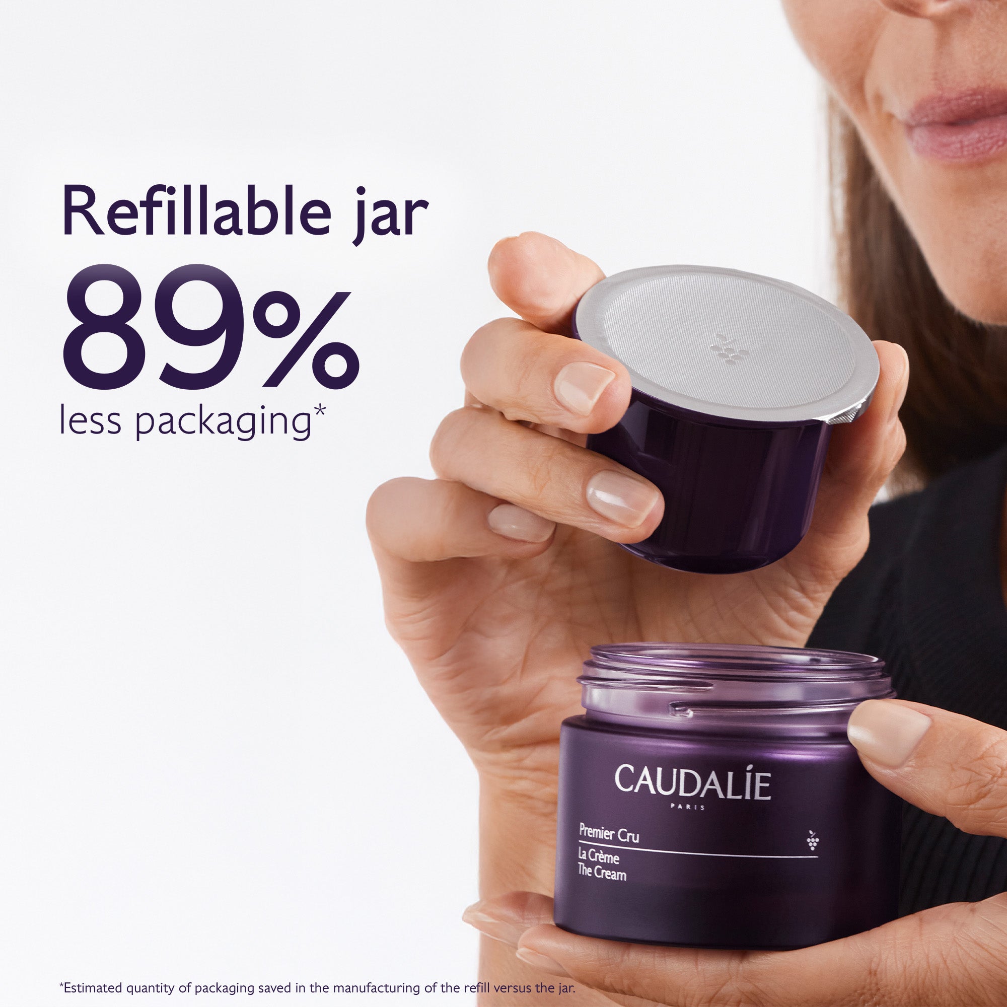 Person holding a Caudalie refillable jar with text about packaging reduction.