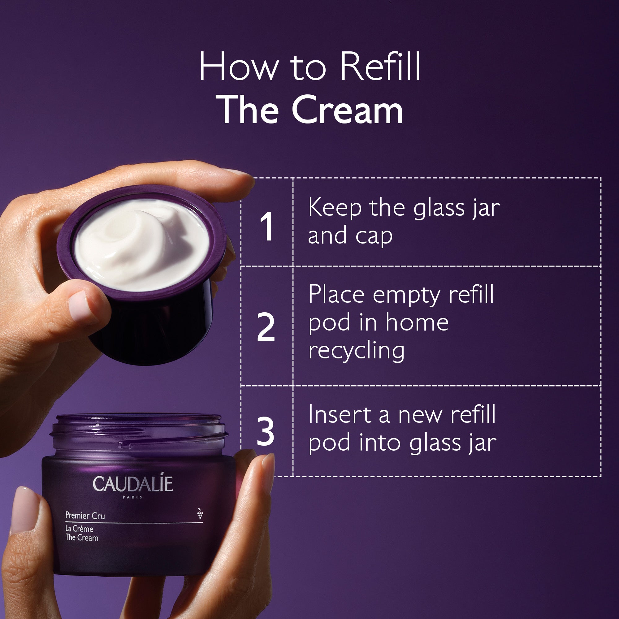 Caudalie cream refill system with step-by-step guide on a purple background
