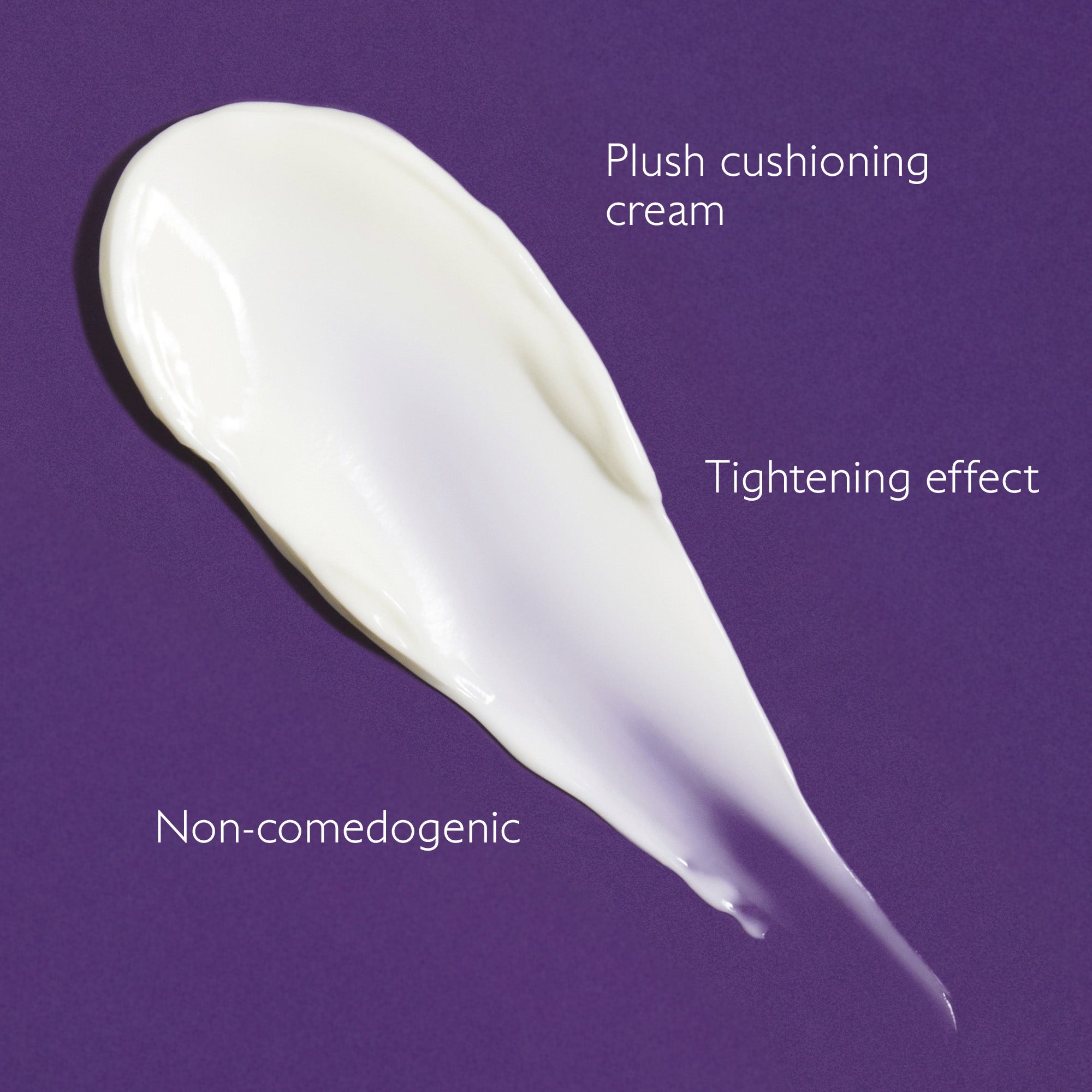 White cream smear on a purple background with text describing properties