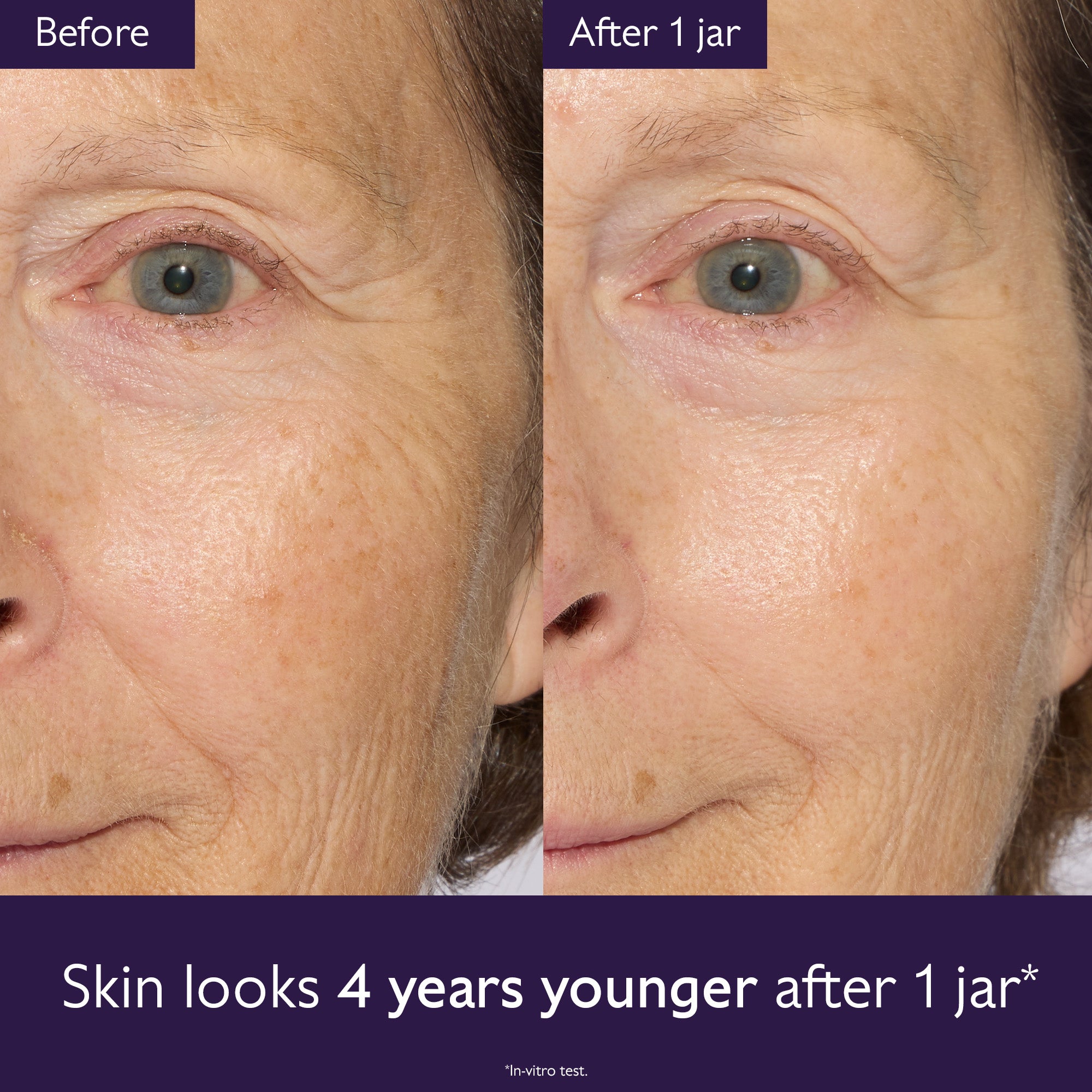 Before and after comparison of a woman's face with text indicating skin looks 4 years younger after one jar.