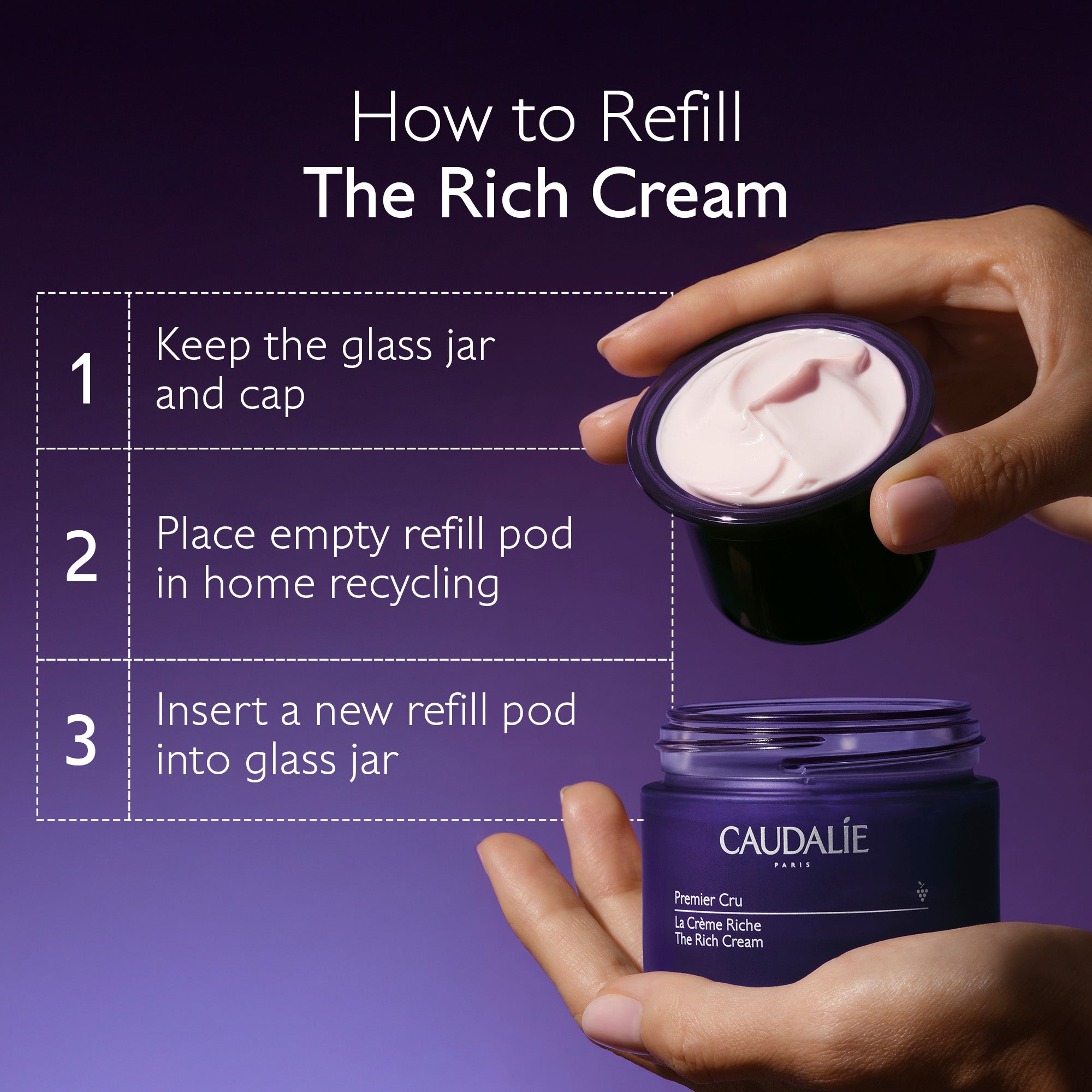 Instructions on how to refill Caudalie cream with a purple background