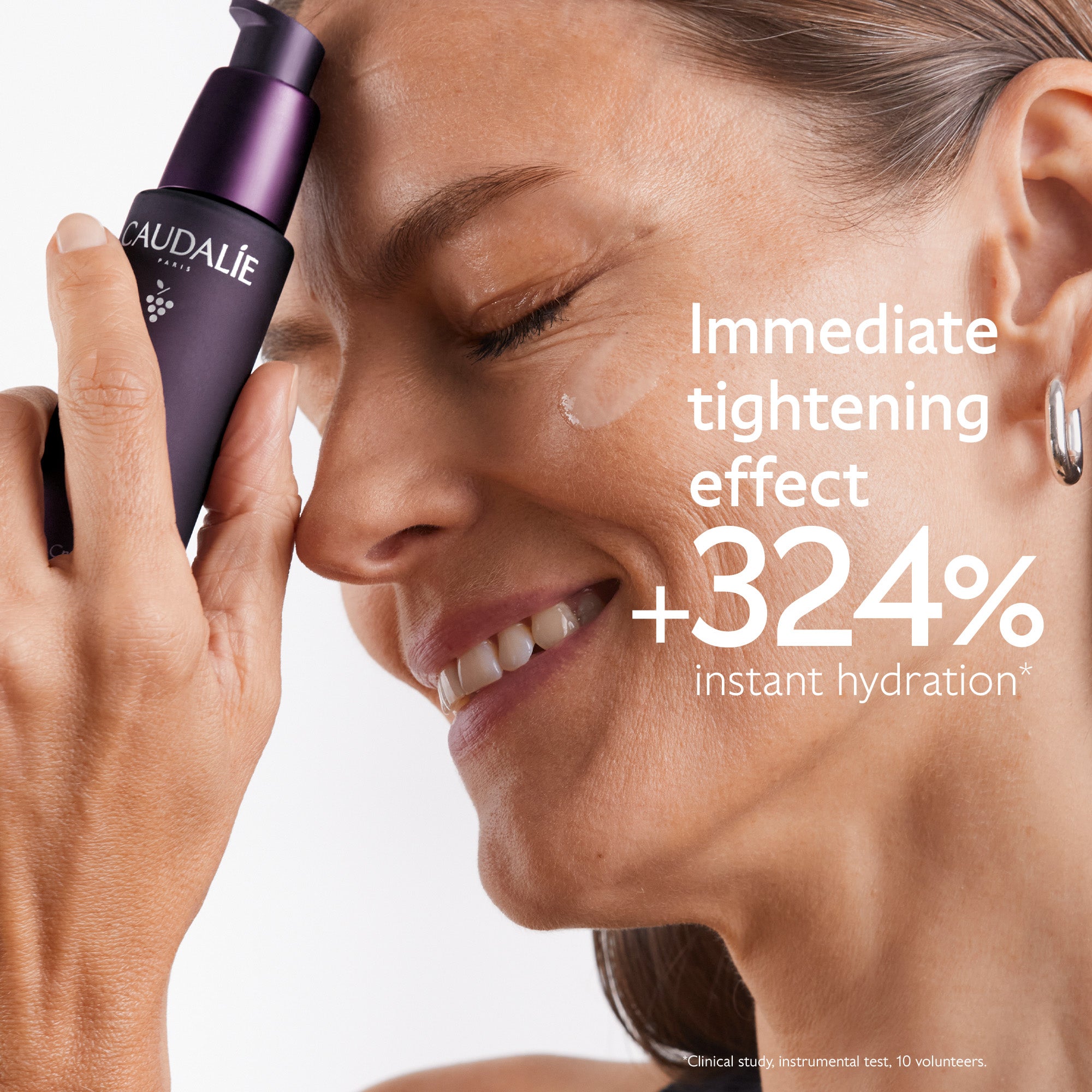 Woman applying a skincare product with a visible brand name, featuring text about immediate tightening effect and instant hydration.