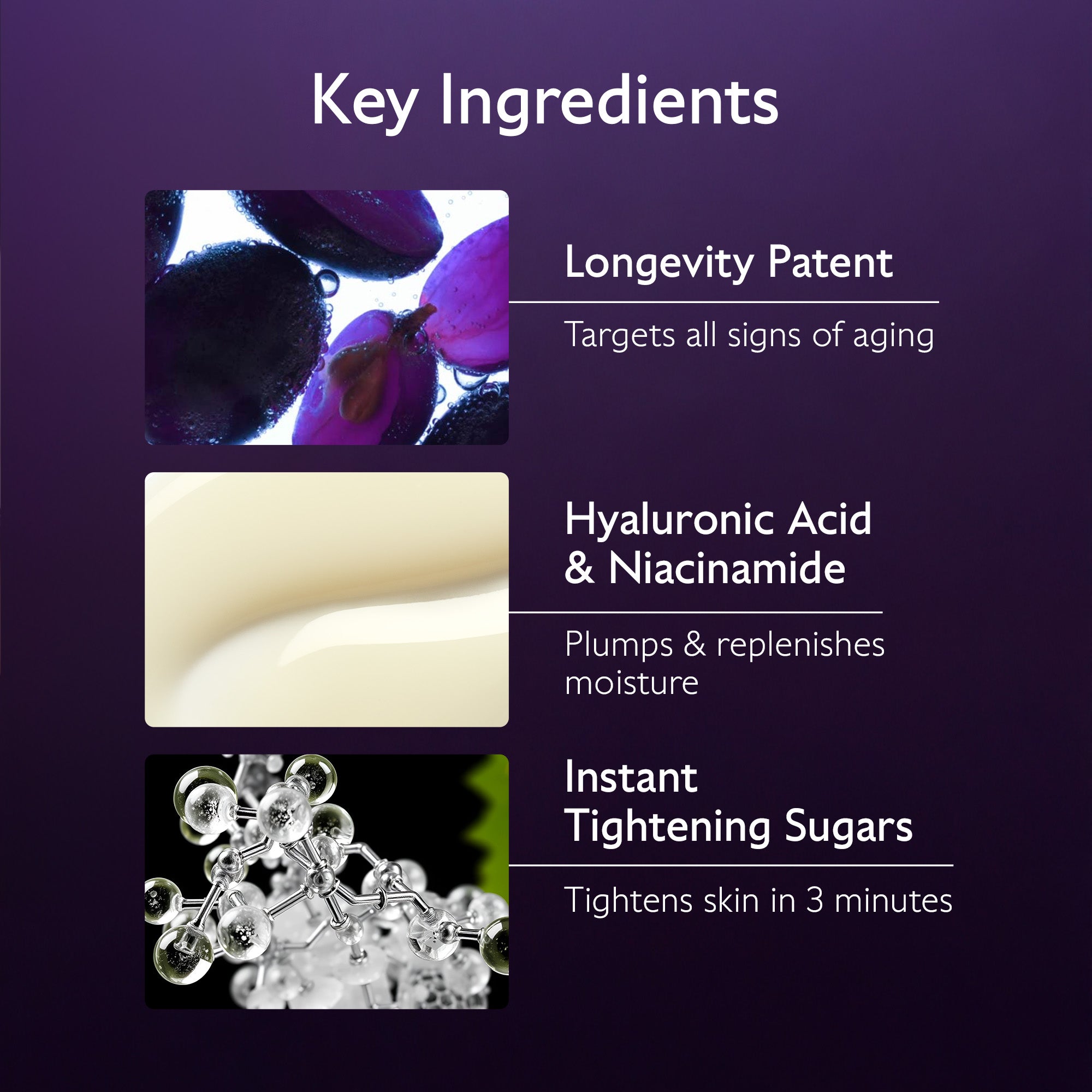 List of key ingredients with corresponding images and descriptions on a purple background