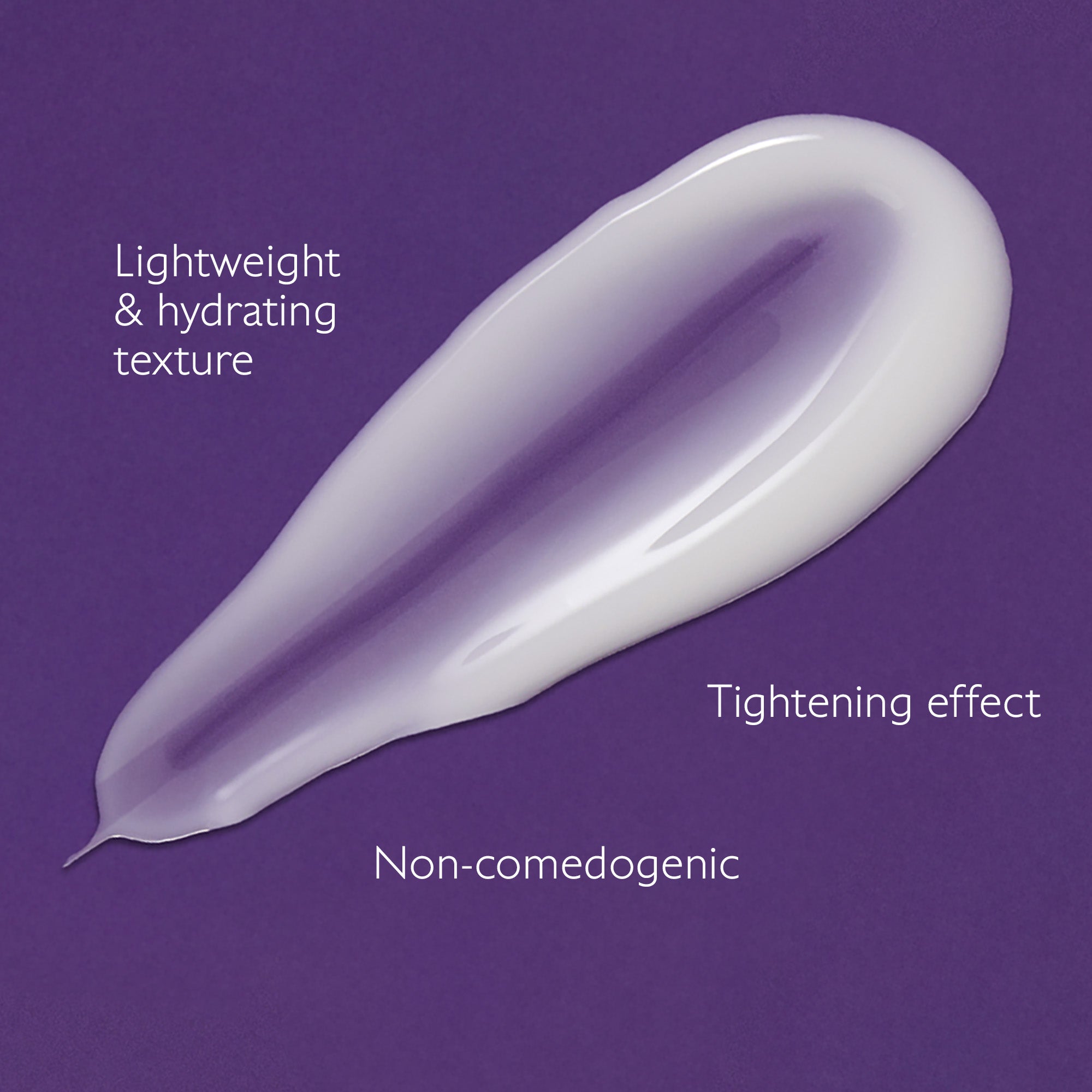 White cream smear on a purple background with text describing properties