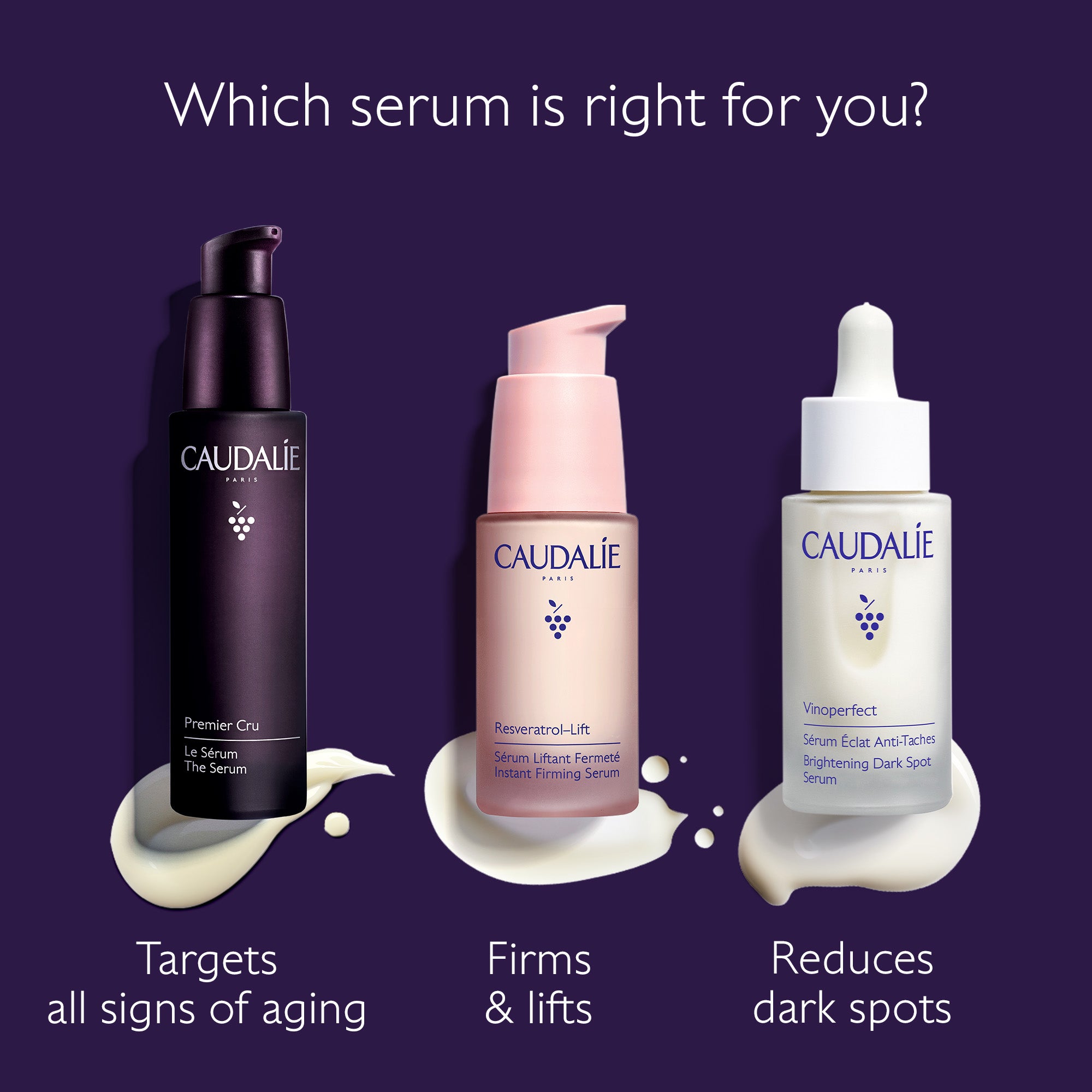 Three Caudélie skincare serums on a purple background with text describing their uses.
