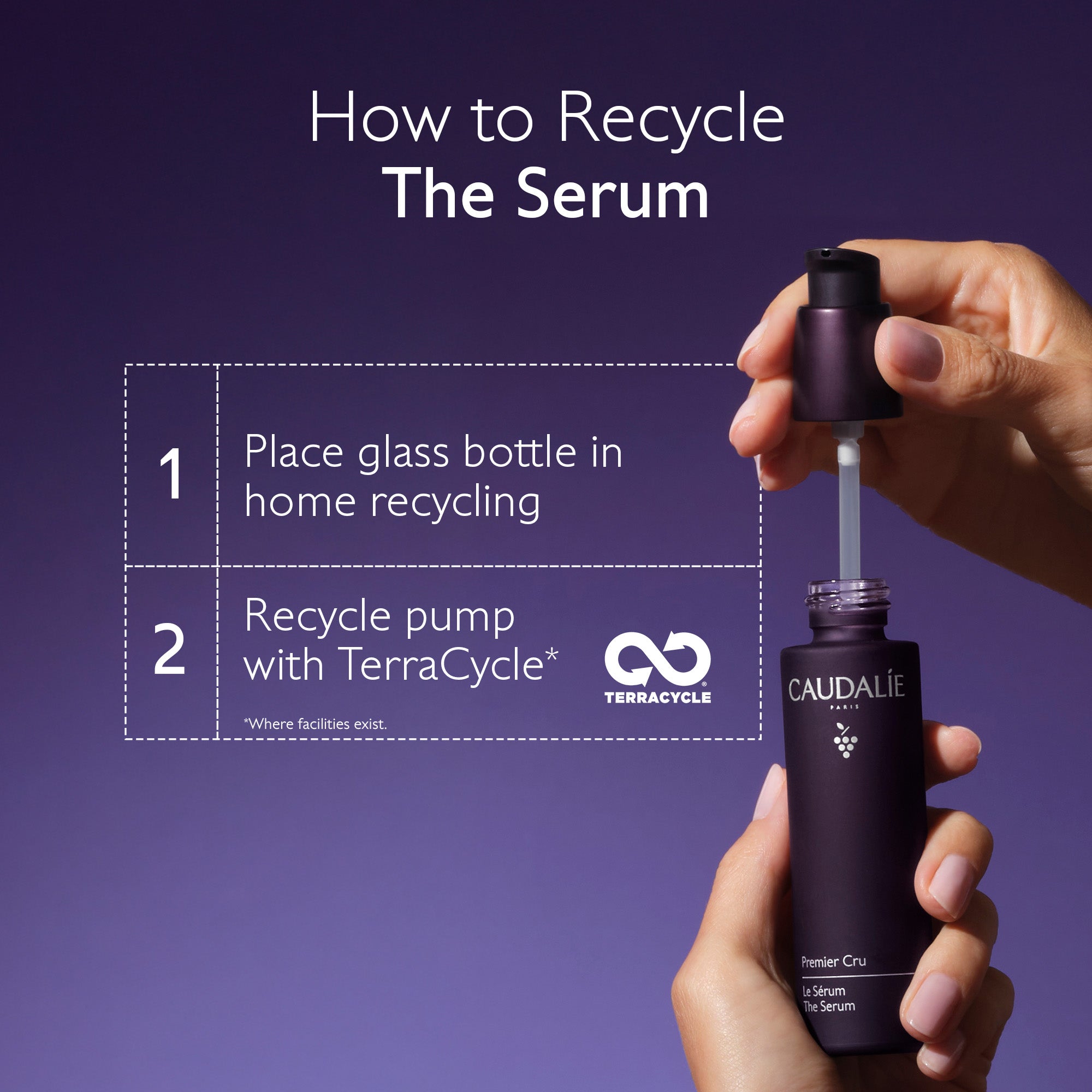 Caudélé serum bottle with recycling instructions on a purple background