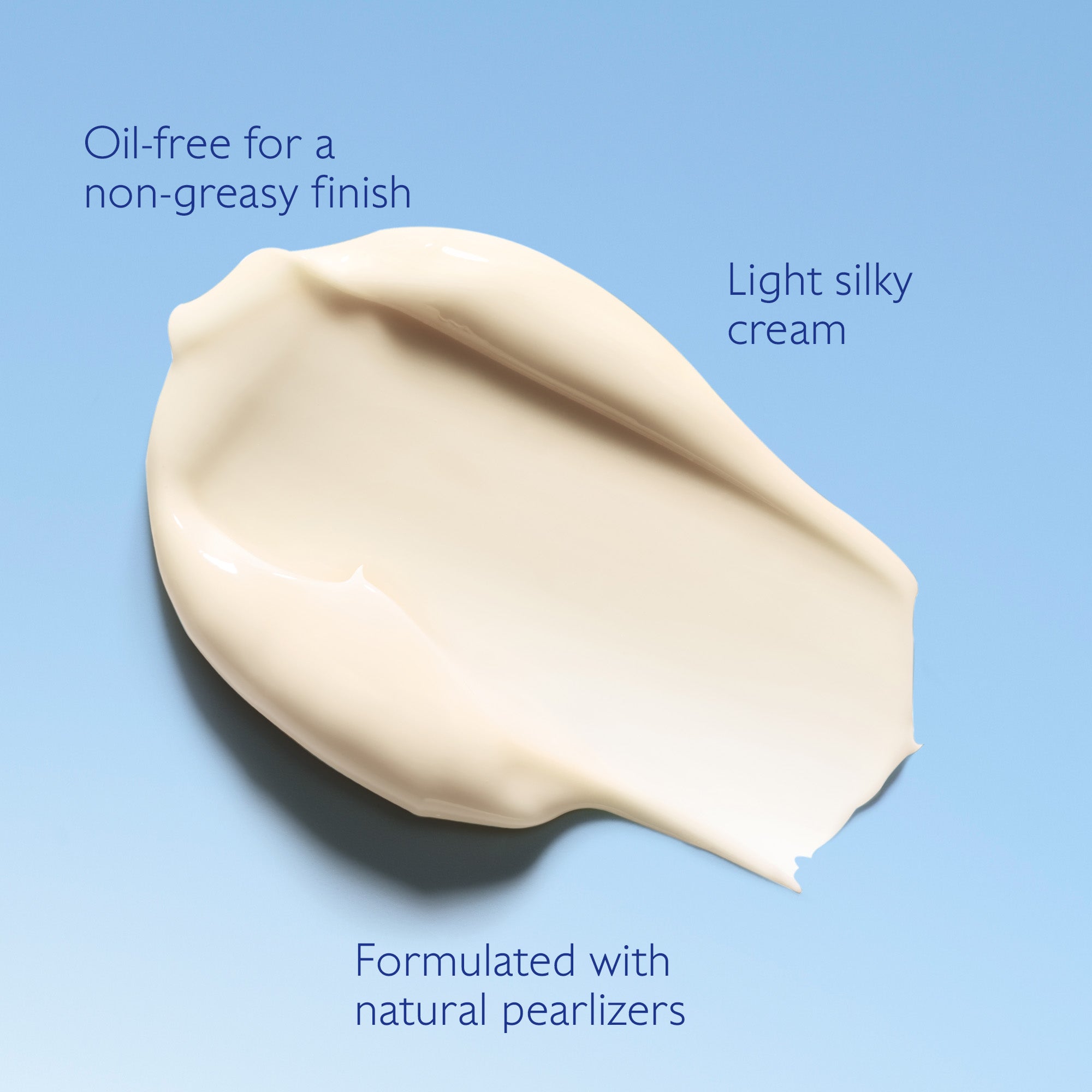 Light silky cream swatch on a blue background with text about product features.