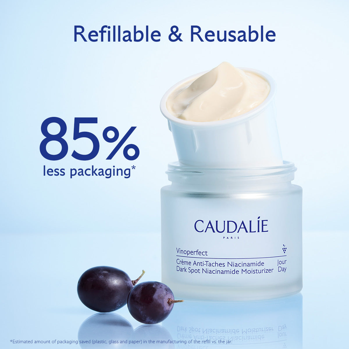 Caudalie skincare product with text highlighting refillable and reusable features on a light blue background.