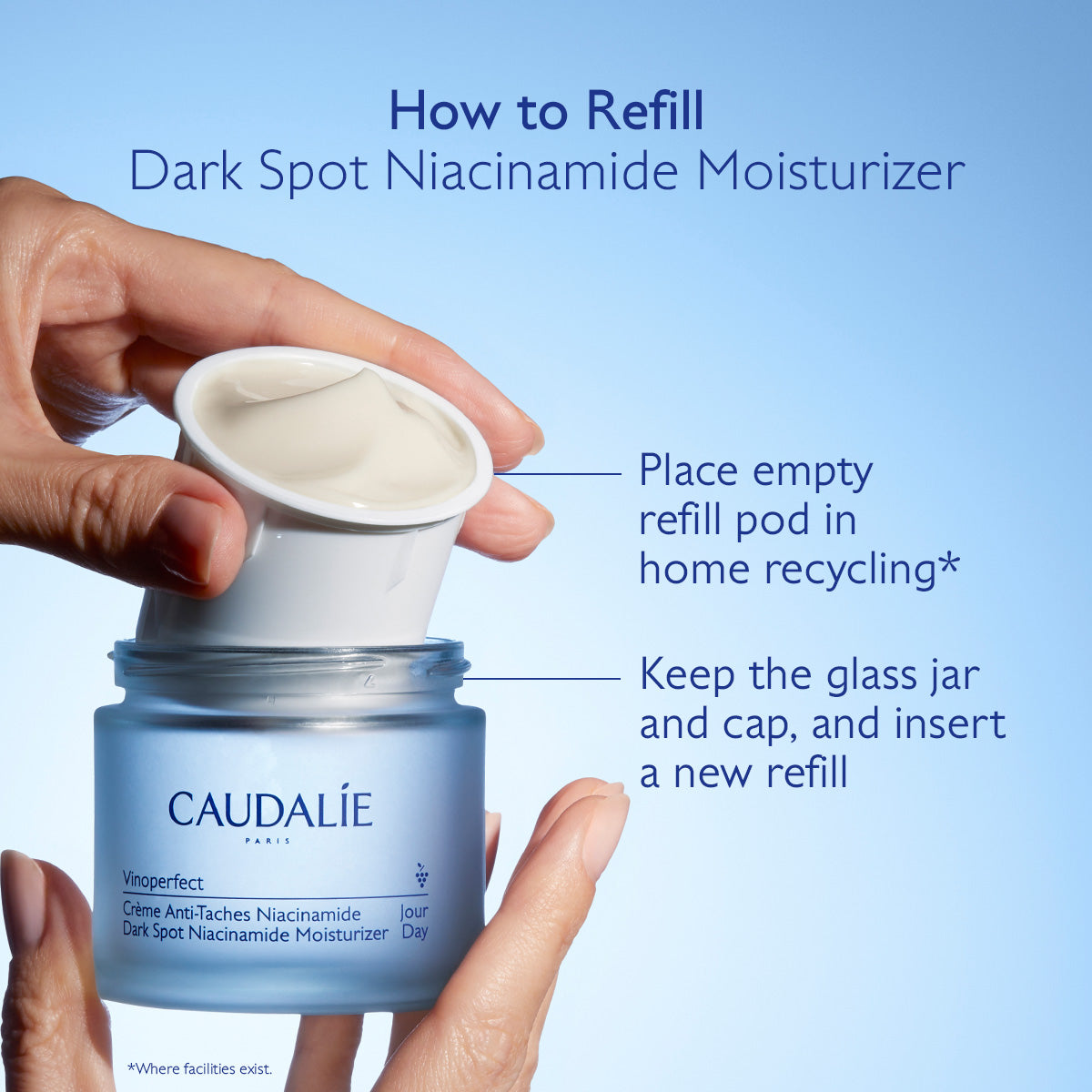 Instructions on how to refill Caudélé Dark Spot Niacinamide Moisturizer with a blue background.