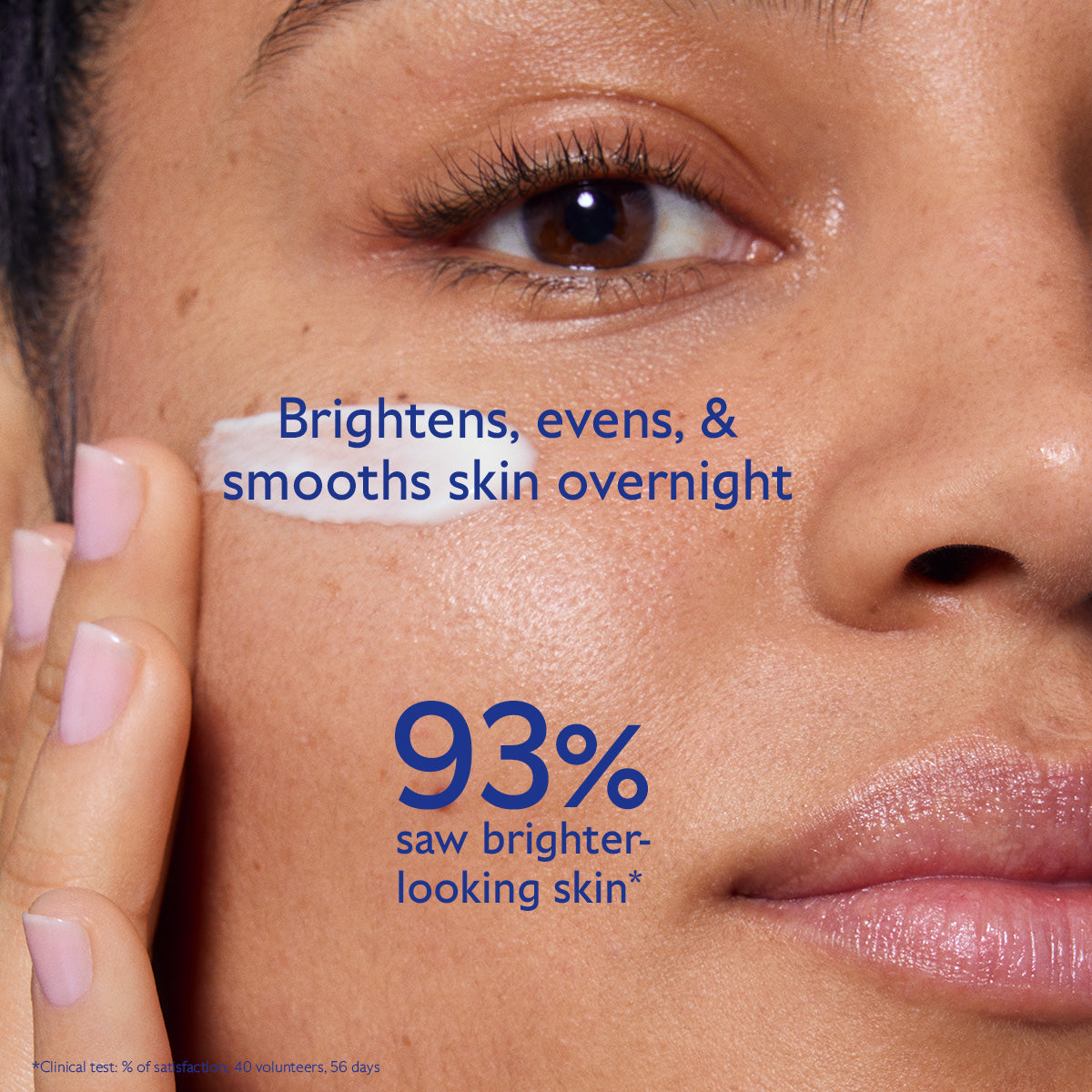 Close-up of a woman's face with skincare product application, showing text about skin benefits.