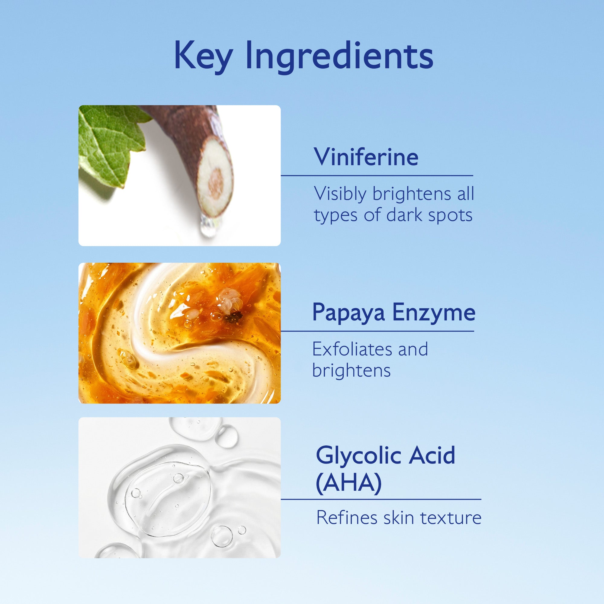 Key ingredients of a skincare product with images and descriptions on a blue background