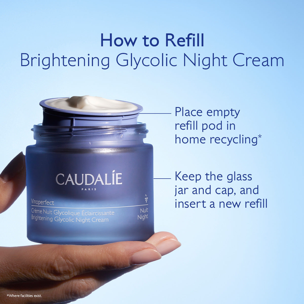 Caudalie brightening glycolic night cream jar with refill instructions on a blue background