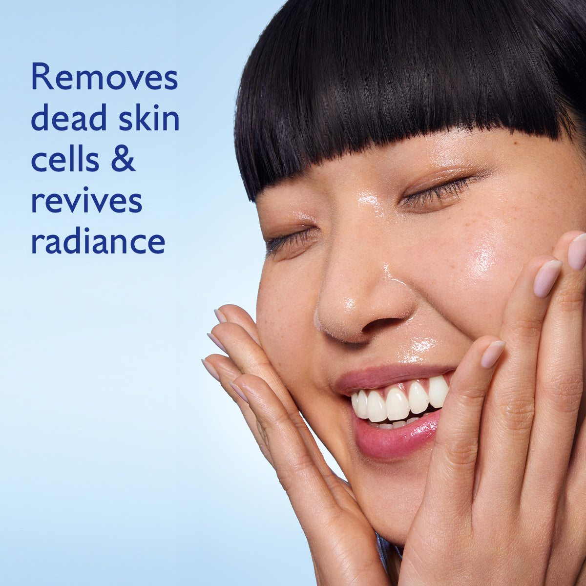 Woman with glowing skin against a blue background with text about skincare benefits