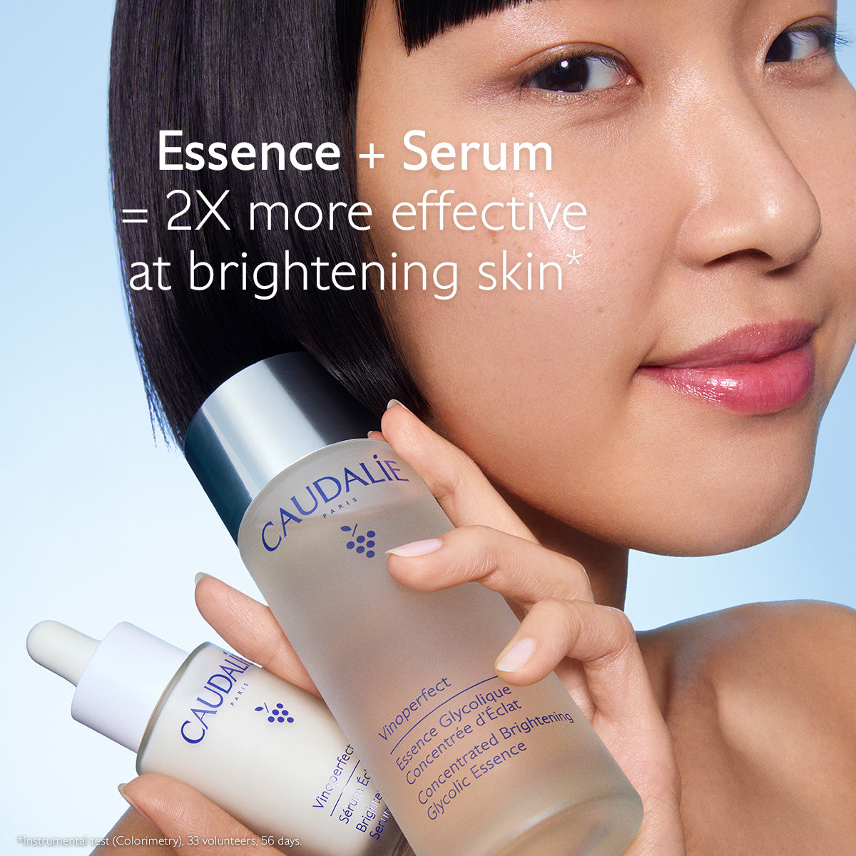 Woman holding Caudalie skincare products with text about effectiveness on skin.