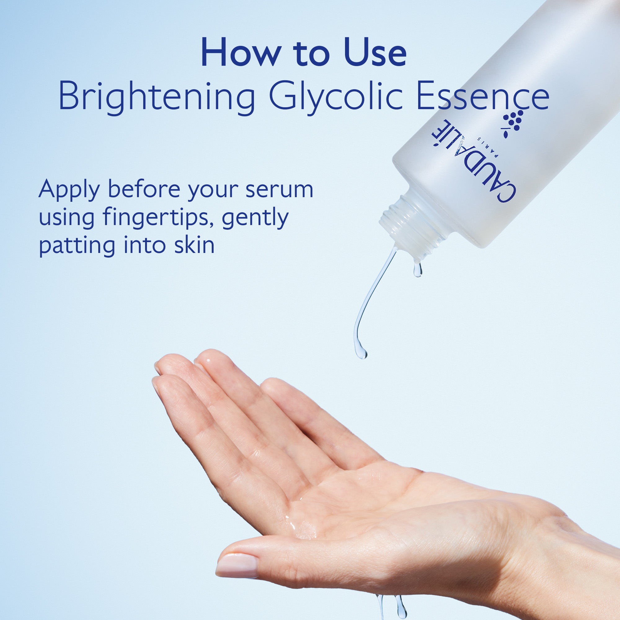 Caudalie brightening glycolic essence being applied to a hand with text on how to use it.