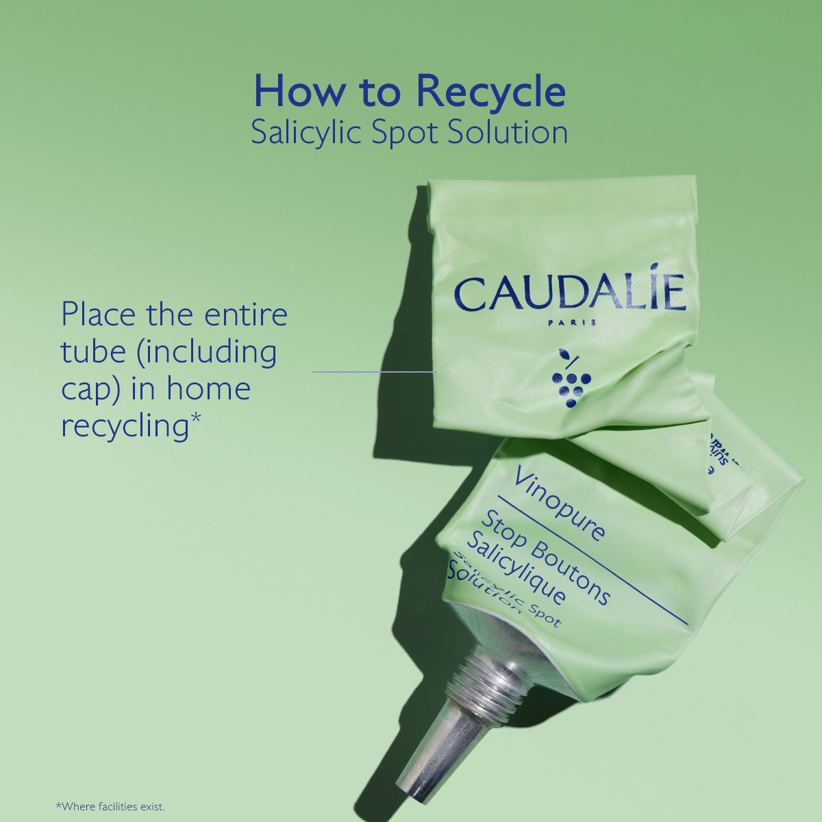 Caudélé Salicylic Spot Solution packaging with recycling instructions on a green background