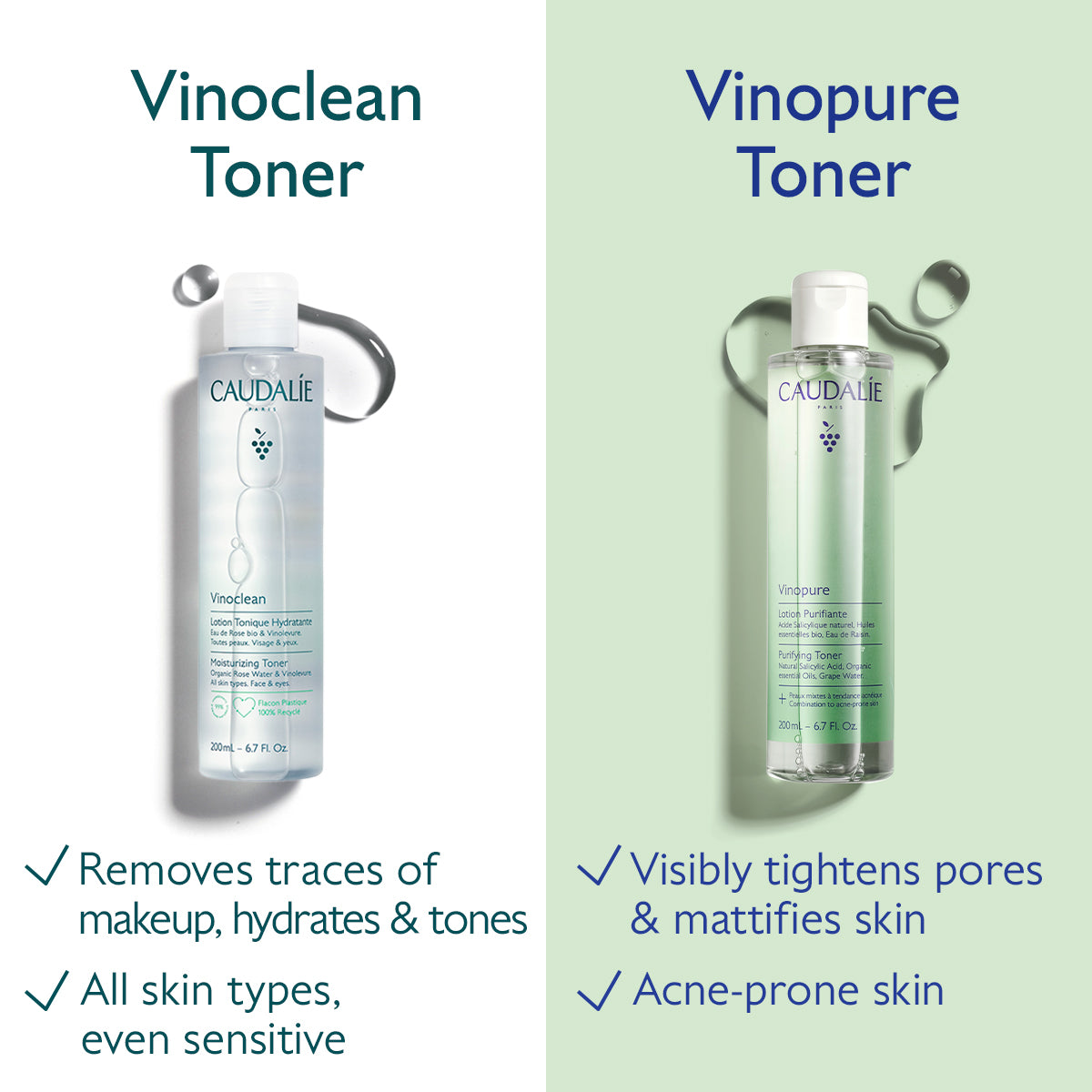 Two bottles of Caudèlé toners, Vinoclean and Vinopure, on a green background with product details.