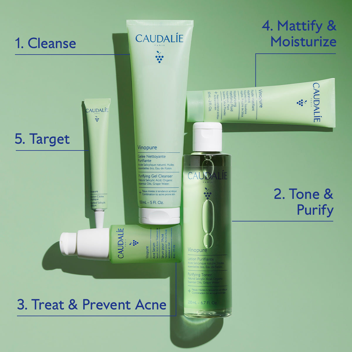 Caudéal skincare products with step-by-step guide on a green background
