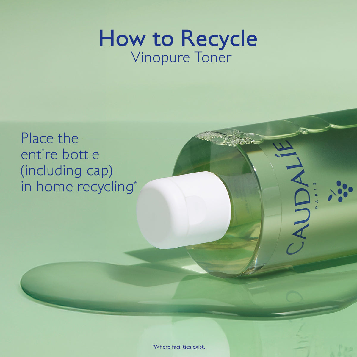 Caudalie Vinopure Toner bottle with recycling instructions on a green background