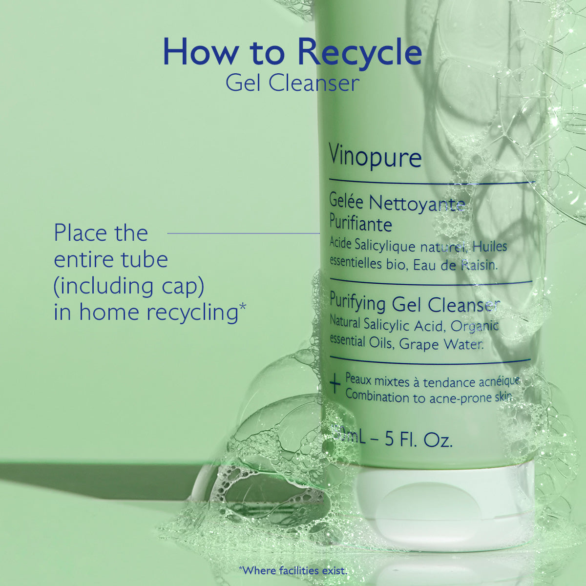 Vinopure Purifying Gel Cleanser with recycling instructions on a green background